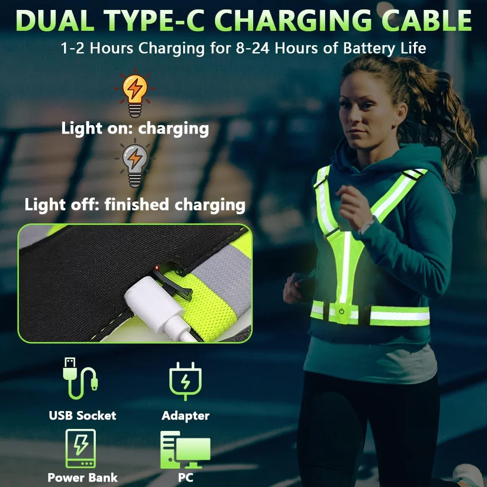 Ainiv LED Bretelle Catarifrangenti 8 Colori Gilet di Sicurezza Ricaricabile USB-C Alta Visibilità Regolabile