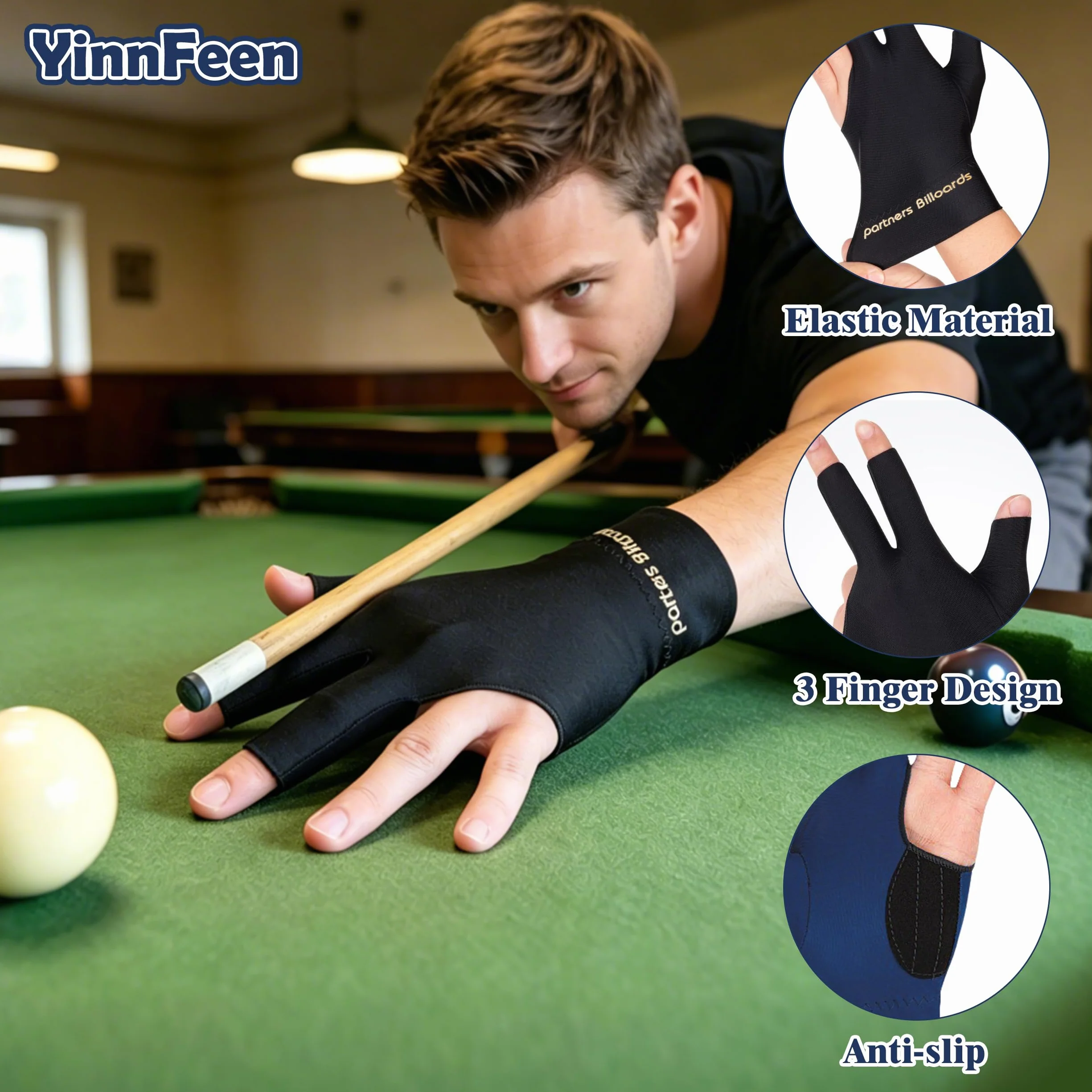 Guanti da Biliardo 3 Dita per Mano Sinistra 6 Pezzi Accessori Snooker Pool Allenamento