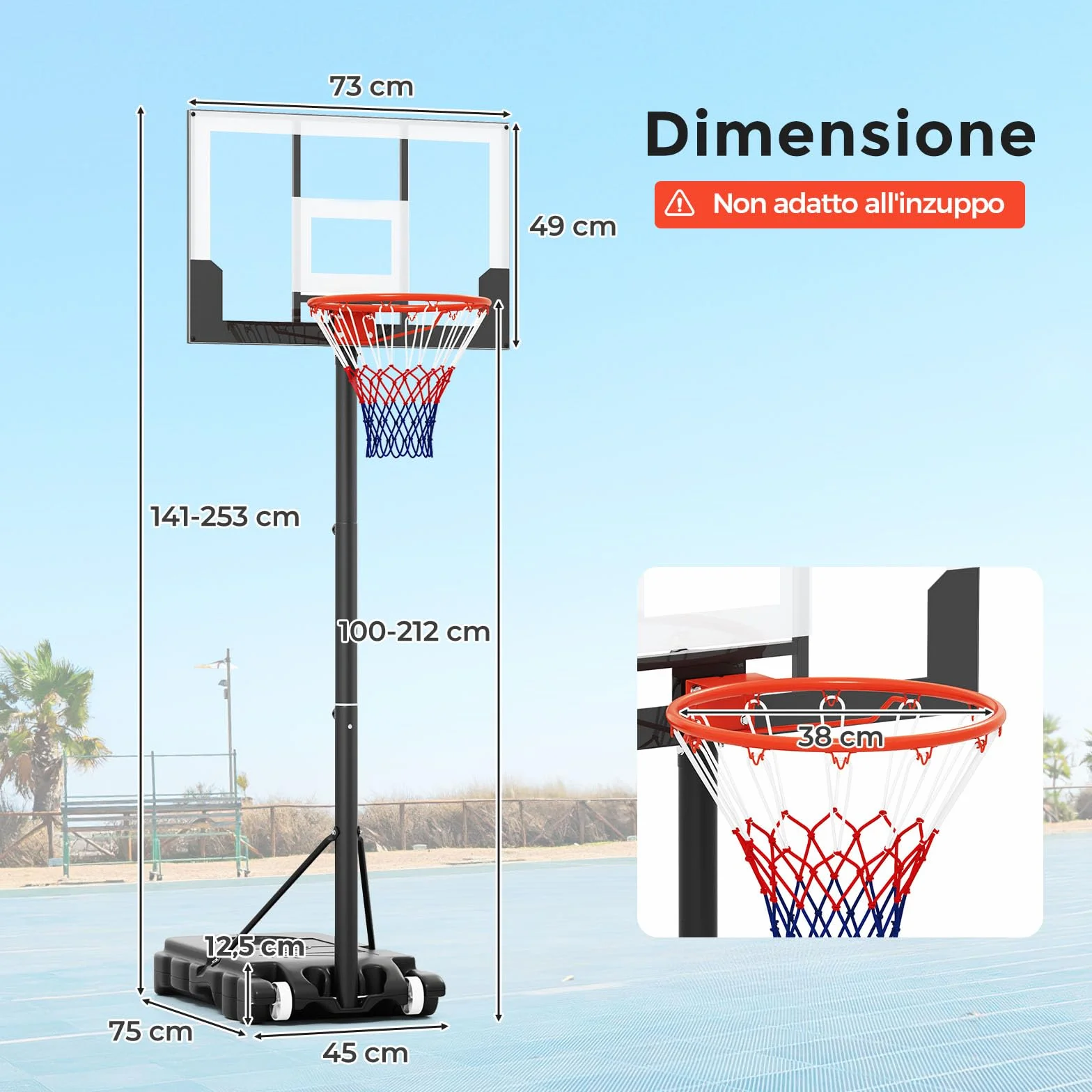 COSTWAY Canestro da Basket Regolabile 100-212 cm, Portatile con Tabellone in PC, Base Riempibile e Ruote