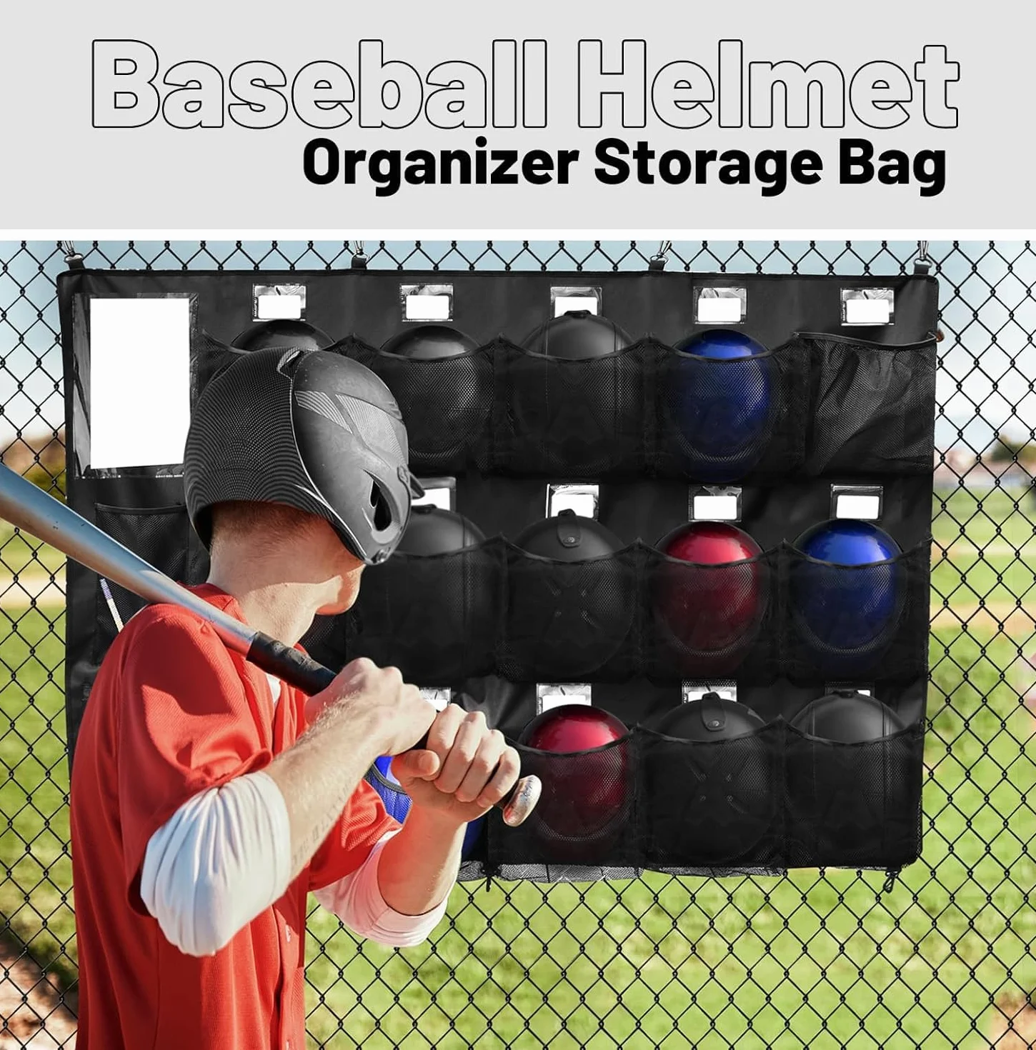 BOOSTEADY Set Completo Organizzatore per Caschi da Baseball con Rastrelliera per Mazze, Borsa di Trasporto e Targhette Nome, Sistema di Stoccaggio Pratico per l'Attrezzatura da Squadra