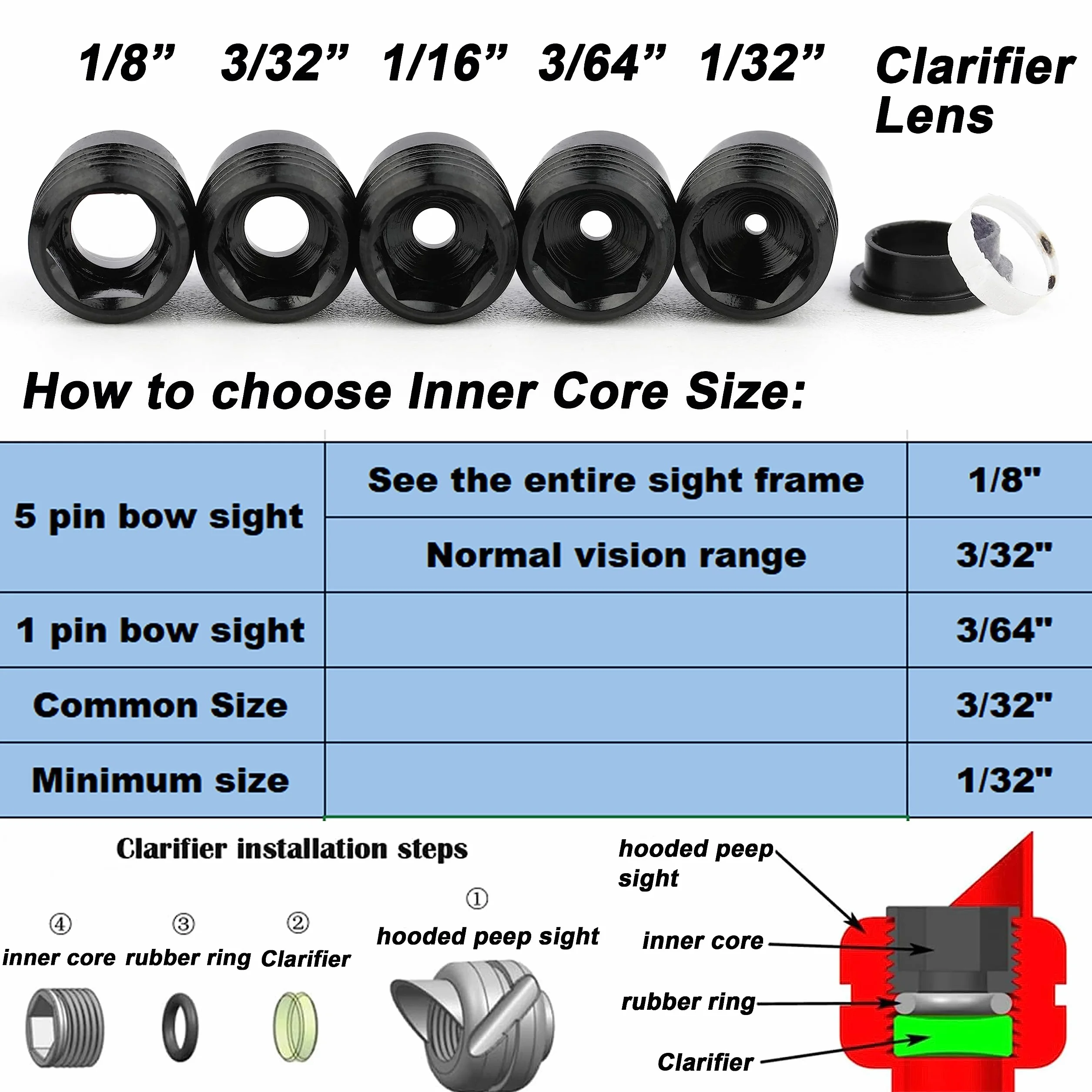 Tiro con l'arco Peep Sight Mirino per arco composto in alluminio 37/45 gradi 6x 8x Lente chiarificatrice 1/8" 1/16" 1/32" 3/32" 3/64" Kit di apertura