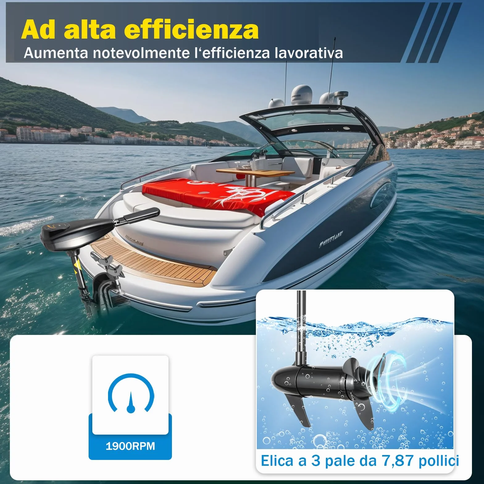 Motore fuoribordo elettrico 12V 80 lbs 626W 8 marce