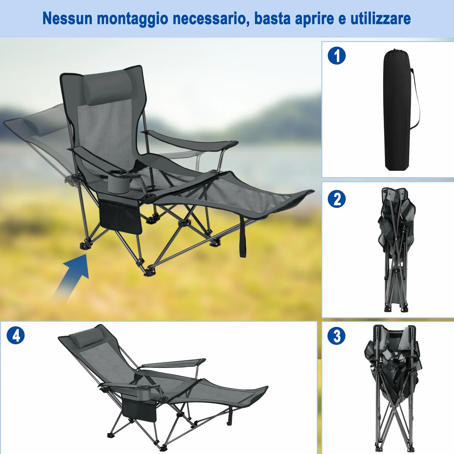 eSituro Sedia da Campeggio Pieghevole Portabile, Leggera, Schienale Regolabile 2 Posizioni, Oxford Grigio