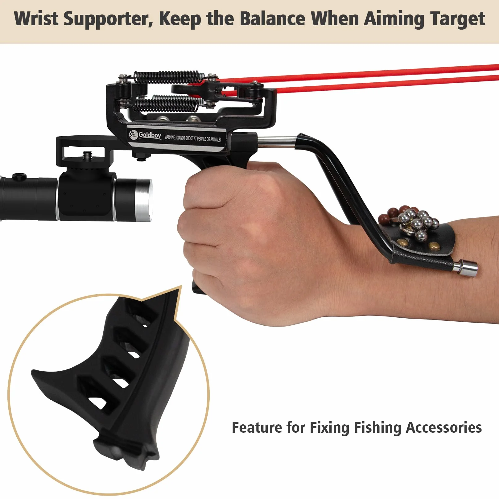 Goldboy Slingshot with Red Beam Sight, Wrist Rocket with Flashlight, Hunting Slingshot 4 Rubber Bands 220 Ammo Adults Black
