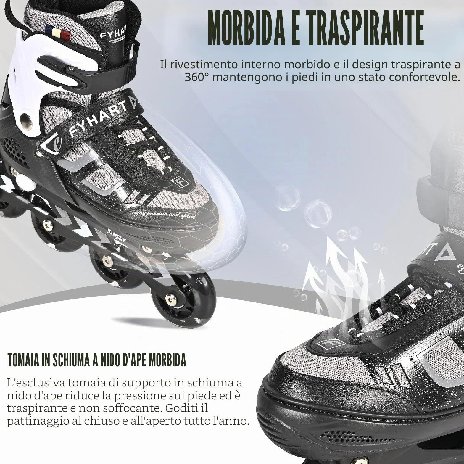 Pattini in linea regolabili per bambini e adulti, a 4 ruote con ruote luminose, Nero Bianco