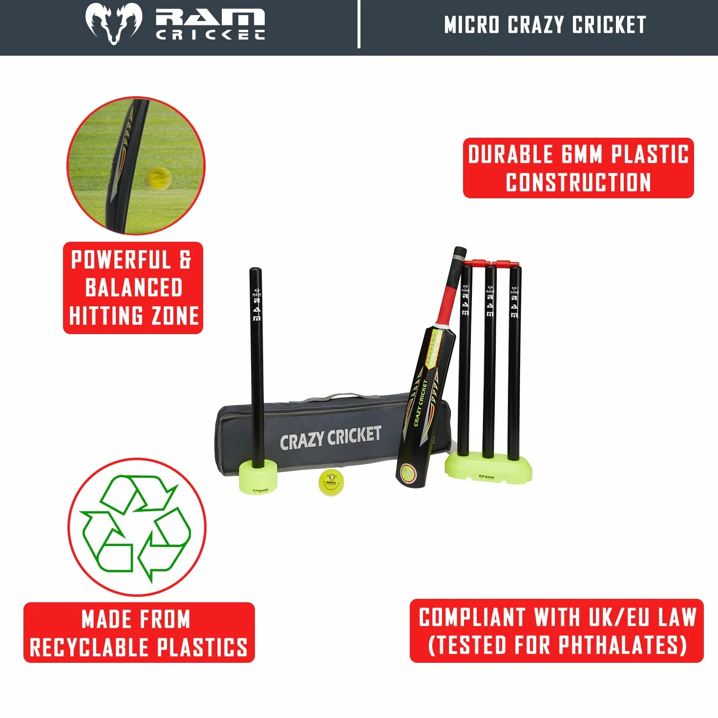 Ram Cricket Crazy Cricket Set Mini Micro per bambini 3-9 anni Kwik ad alte prestazioni durevole allenamento partite giardino spiaggia parco