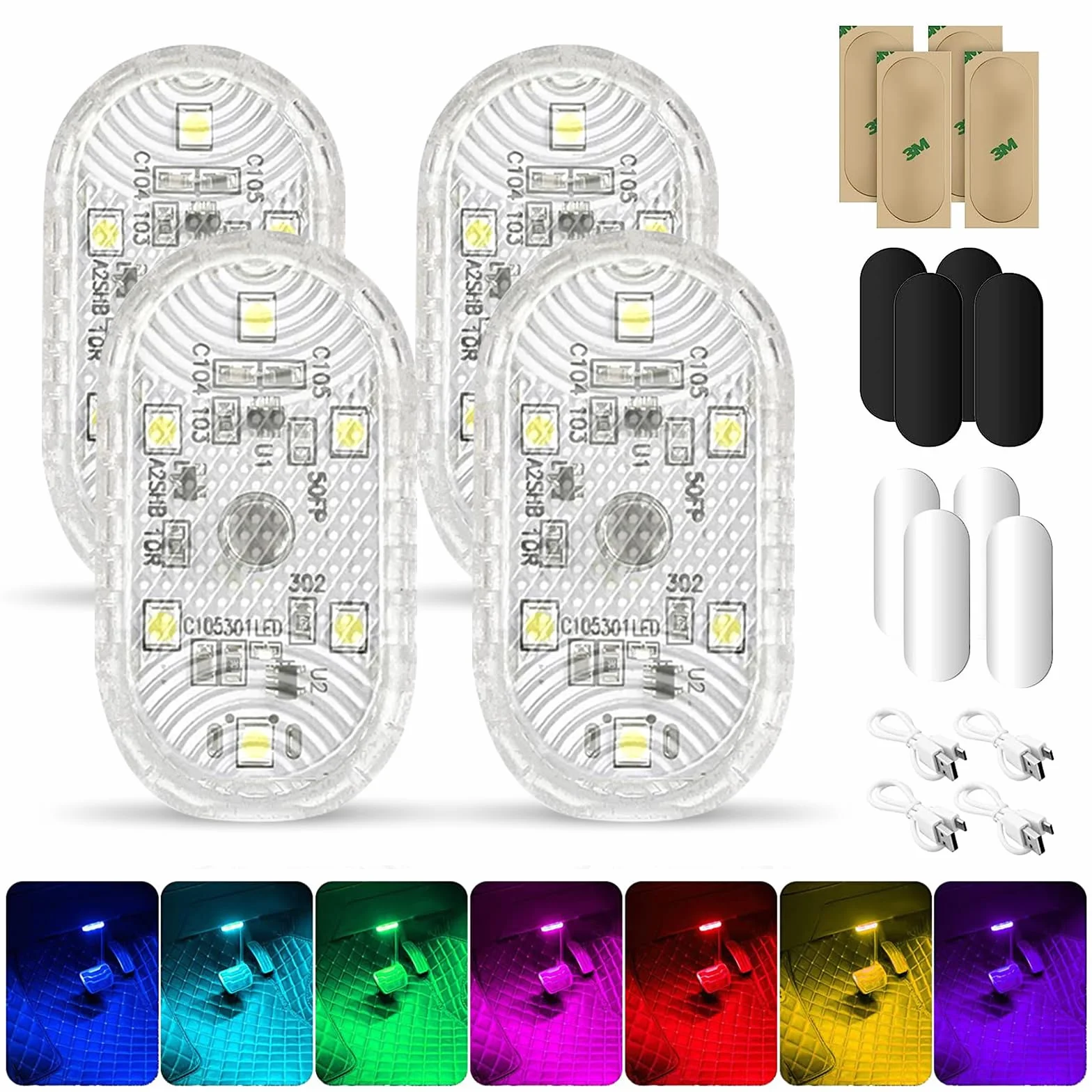4 Pezzi Led Auto Interno Senza Fili, Luci Led RGB Abitacolo con 6 LEDs, 7 Colori Regolabile Ricaricabile USB Accessori per Illuminazione Ambientale