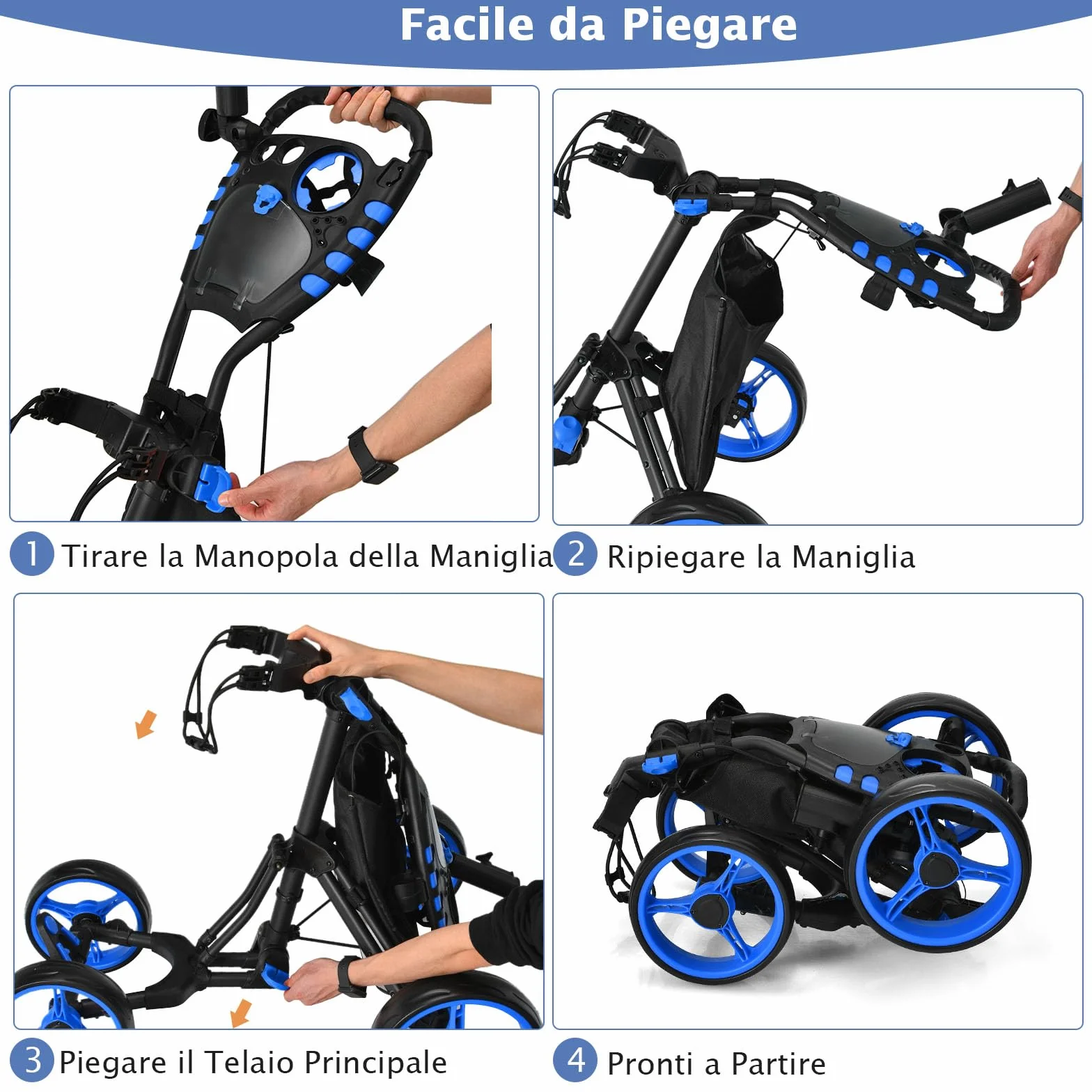 COSTWAY Carrello da Golf Pieghevole Leggero 4 Ruote con Borsa Impermeabile, Freno a Pedale, Porta Tazza e Porta Ombrello