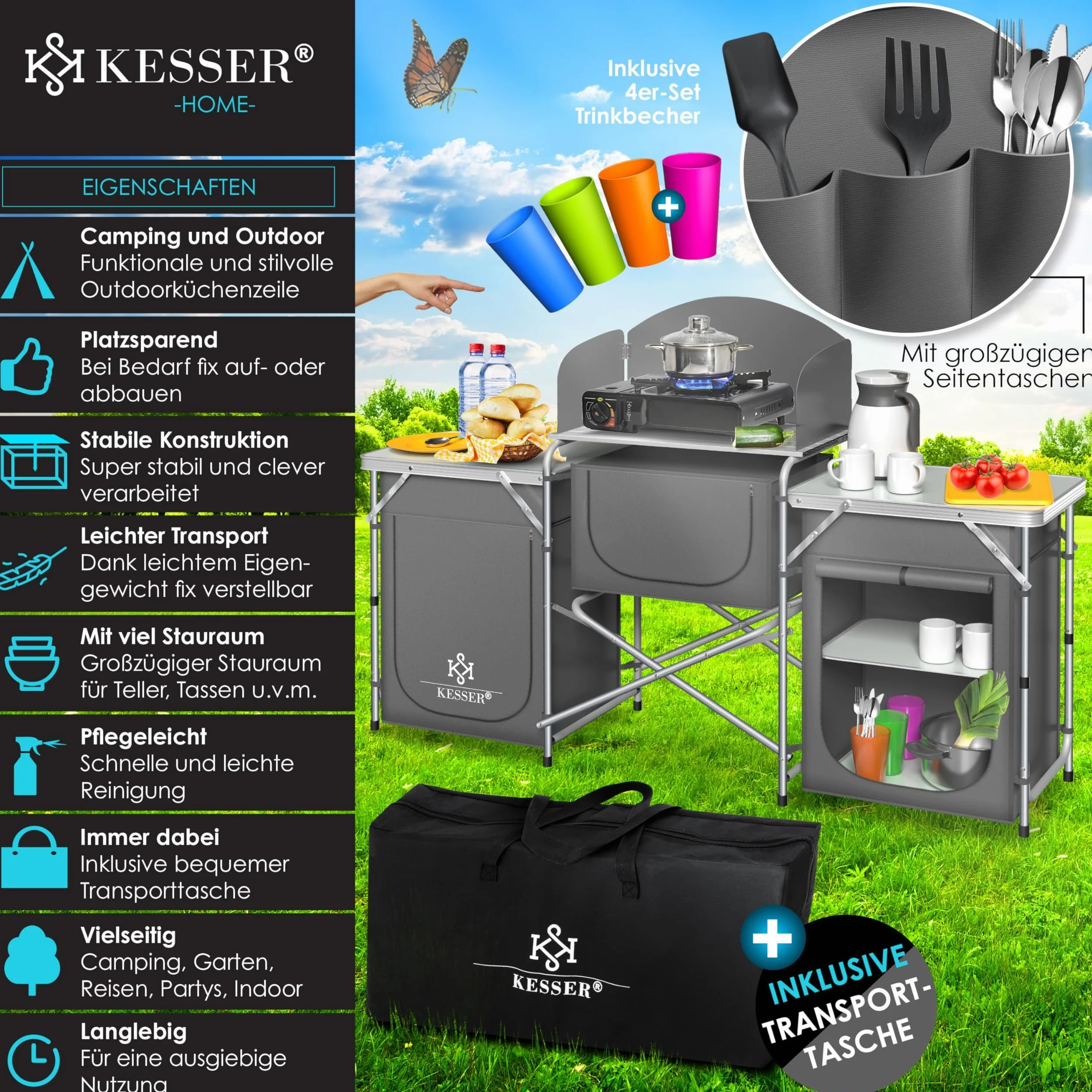 KESSER Mobile da Campeggio, Cucina da Campeggio con Telaio in Alluminio, Borsa da Trasporto
