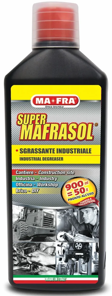 MAFRA, SuperMAFRAsol, Sgrassante Industriale Intensivo, Formula Concentrata Altamente Diluibile, Elimina Tracce di Sporco e Incrostazioni da Ogni Superficie, Formato da 900 ML