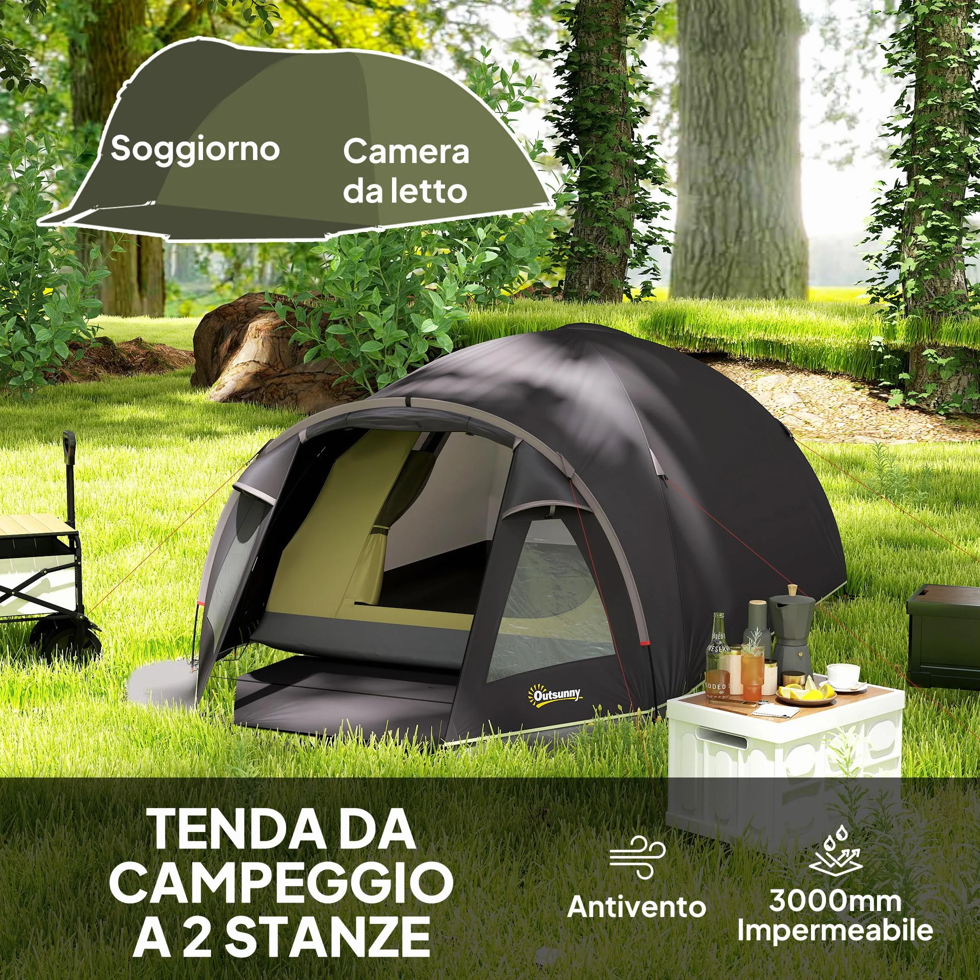 Outsunny Tenda da Campeggio a Tunnel per 2 Persone 2 Stanze Impermeabile 3000mm 330x190x120 cm Nero