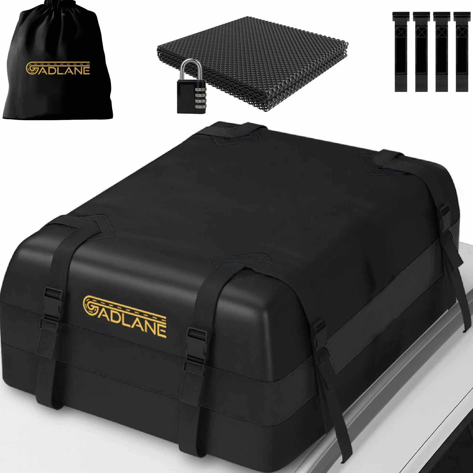 GADLANE Borsa da Tetto per Auto - 425L Box da Tetto Impermeabile per Auto con/senza Portapacchi, con Tappetino Antiscivolo, 4 Cinghie Robuste, Lucchetto a Combinazione, Borsa Portaoggetti (Nero)