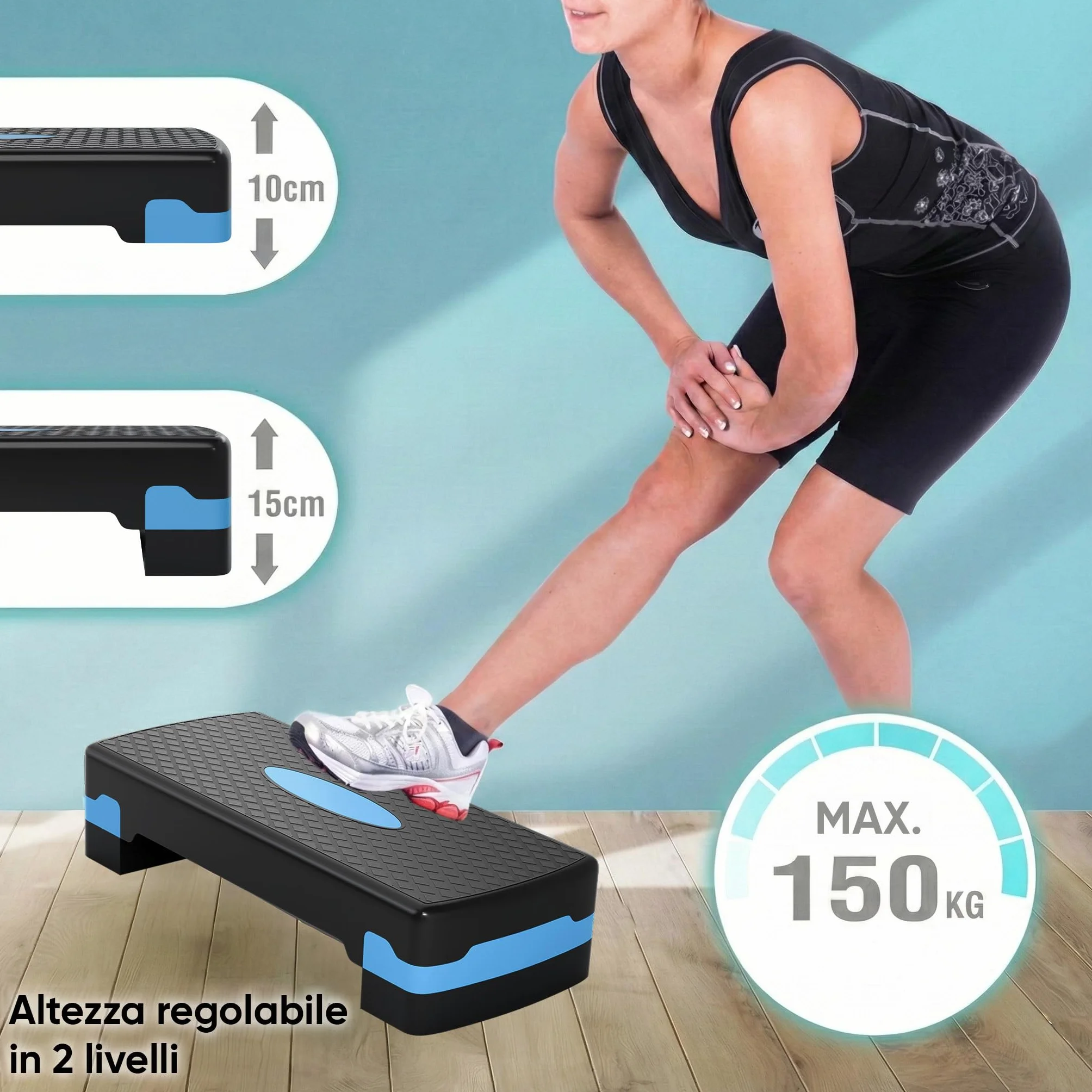 Ultrasport Step Fitness Aerobica Stepper Casa Antiscivolo Regolabile 2 Altezze Stepboard 68x28 cm Blu