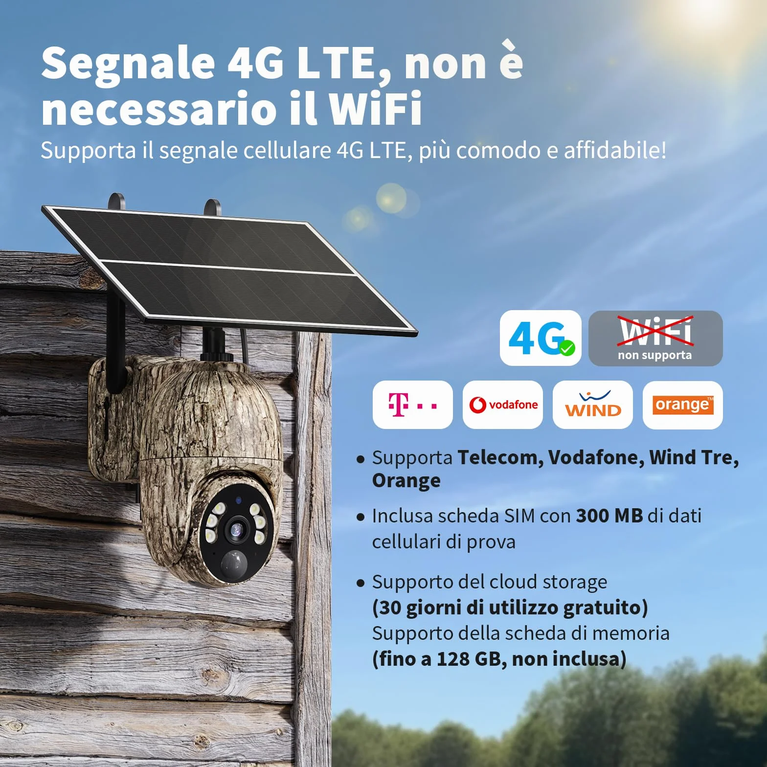 Fotocamera da Caccia 4G 2K Telecamera Esterna Pannello Solare 360° PTZ Fototrappola Infrarossi Invisibili Visione Notturna Colori Audio 2 Vie Rilevamento Animali IP66