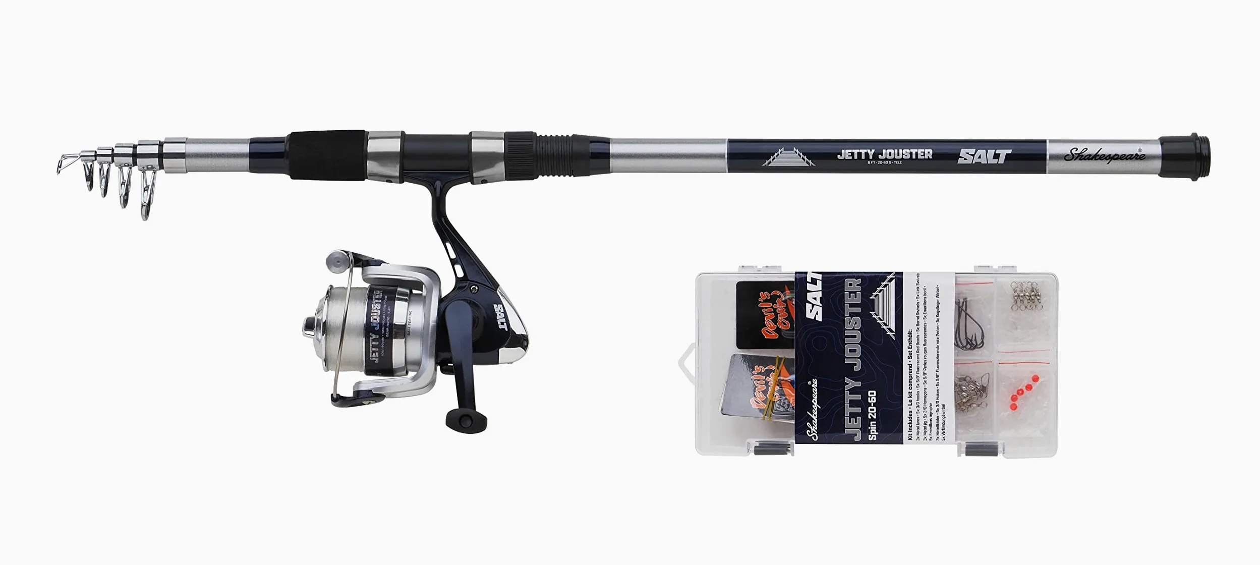 Shakespeare SALT Jetty Jouster Combo Set, canna da pesca e mulinello, Combo Spinning Combo include custodia rigida, esche e finale, pesca costiera e costiera, blu e bianco, 2,40 m, 20-60 g