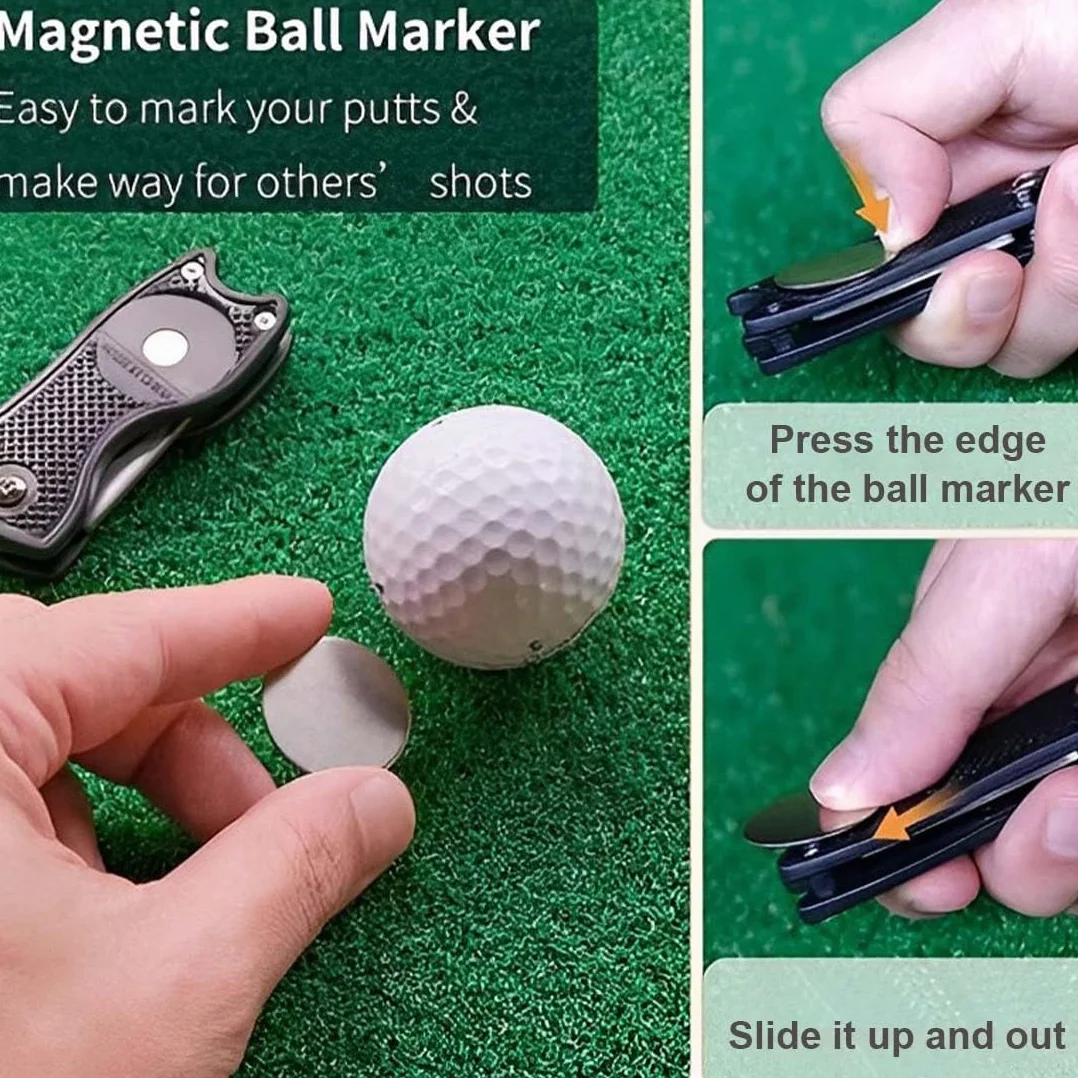 Strumento di Riparazione Divot da Golf Pieghevole con Marcatore Magnetico Nero