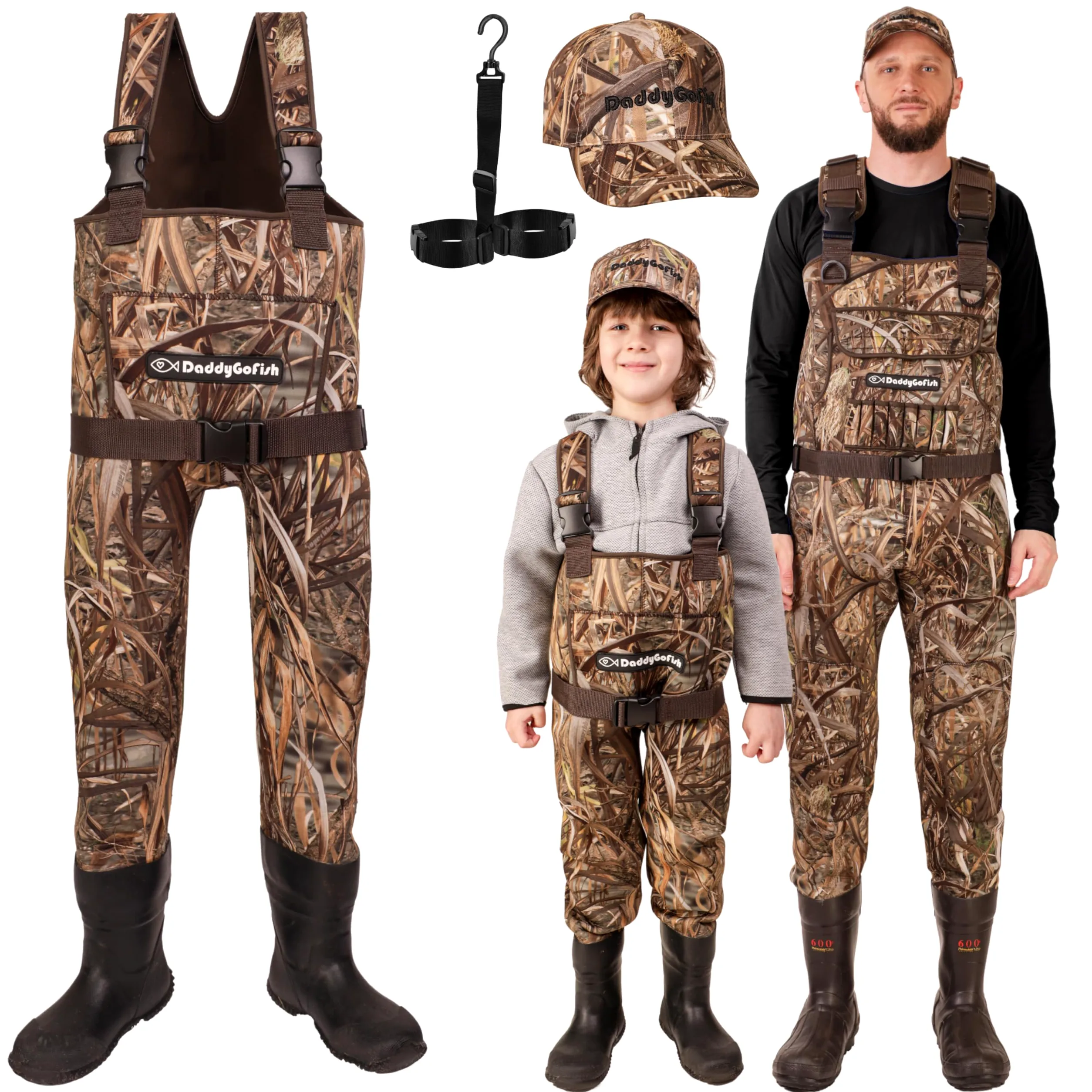 DaddyGoFish Waders in Neoprene Per Bambini E Adulti, Bootfoot, Pesca E Caccia Con Berretti Mimetici E Gancio Per Trampolieri