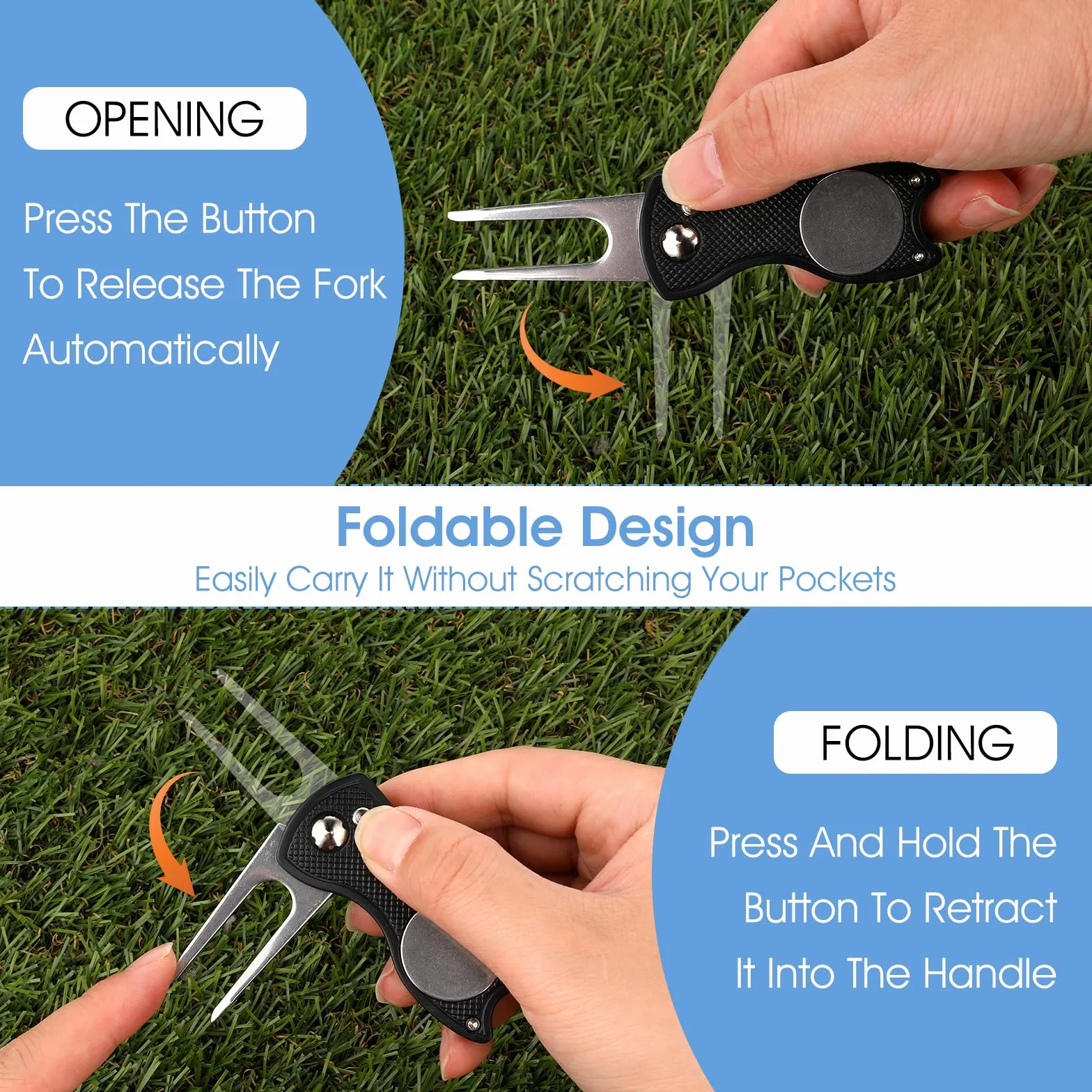 TIESOME Golf Divot Repair Tool z magnetycznym markerem, 2 sztuki, składany, stal nierdzewna