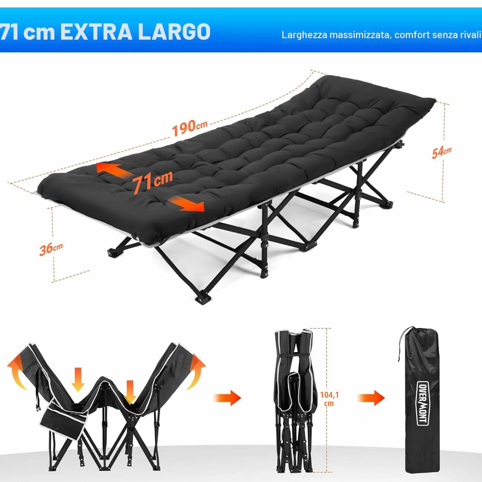 OVERMONT Lettino da Campeggio Pieghevole Singolo XL Caricabile 250 kg con Materasso e Tasca Laterale