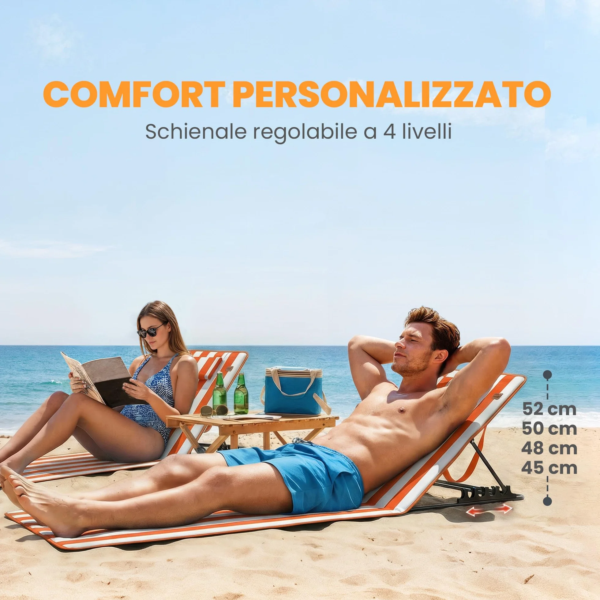 Outsunny Lettini da Spiaggia Pieghevoli Set 2, Schienale Regolabile 4 Livelli, Poggiatesta, Tasca Laterale, Arancione Bianco