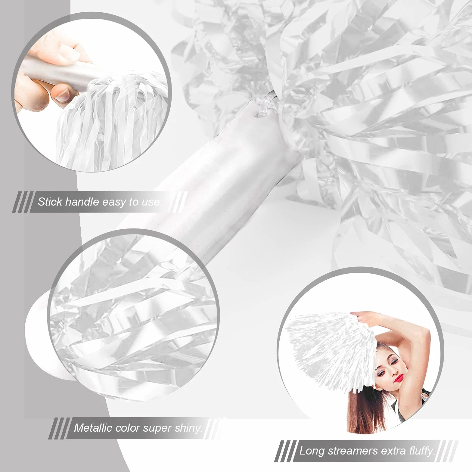 LINYAPRY 24 pompon metallici da cheerleader per bambini adulti con manico a bastone bianco