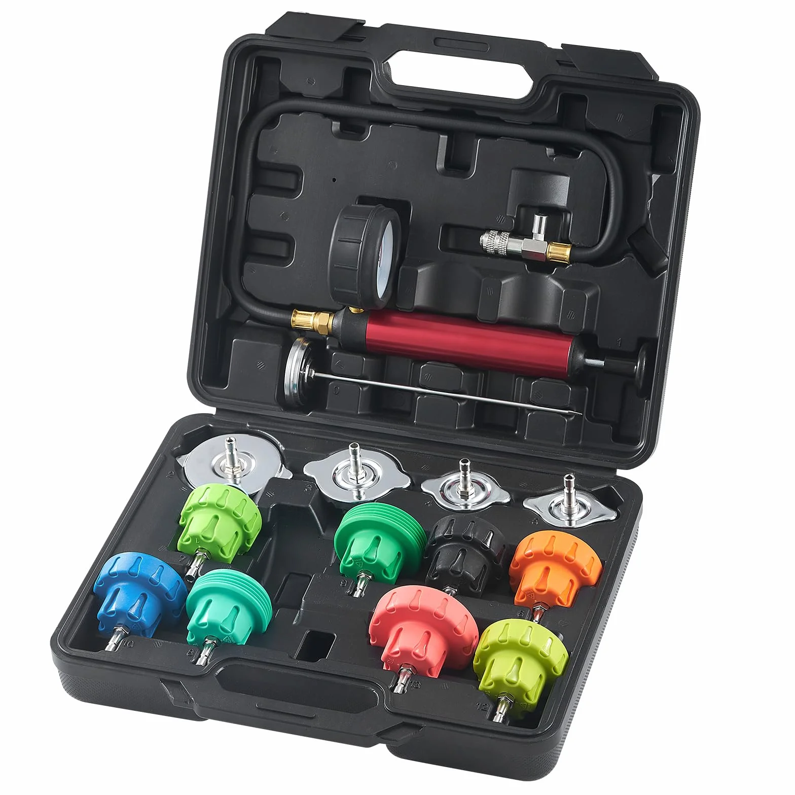 VEVOR Kit Tester Universale per Pressione di Sistema Raffreddamento del Radiatore con Adattatori per Pompa a Mano Tappi Codificati a Colori, Strumenti per Pressione con Valigetta per Auto Moto Camion
