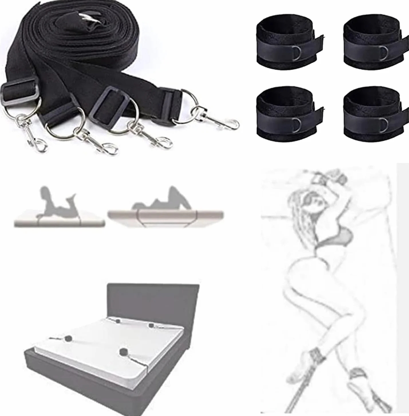 Ancoraggio del Letto con Cintura in Nylon Nero per Legare Mani e Piedi