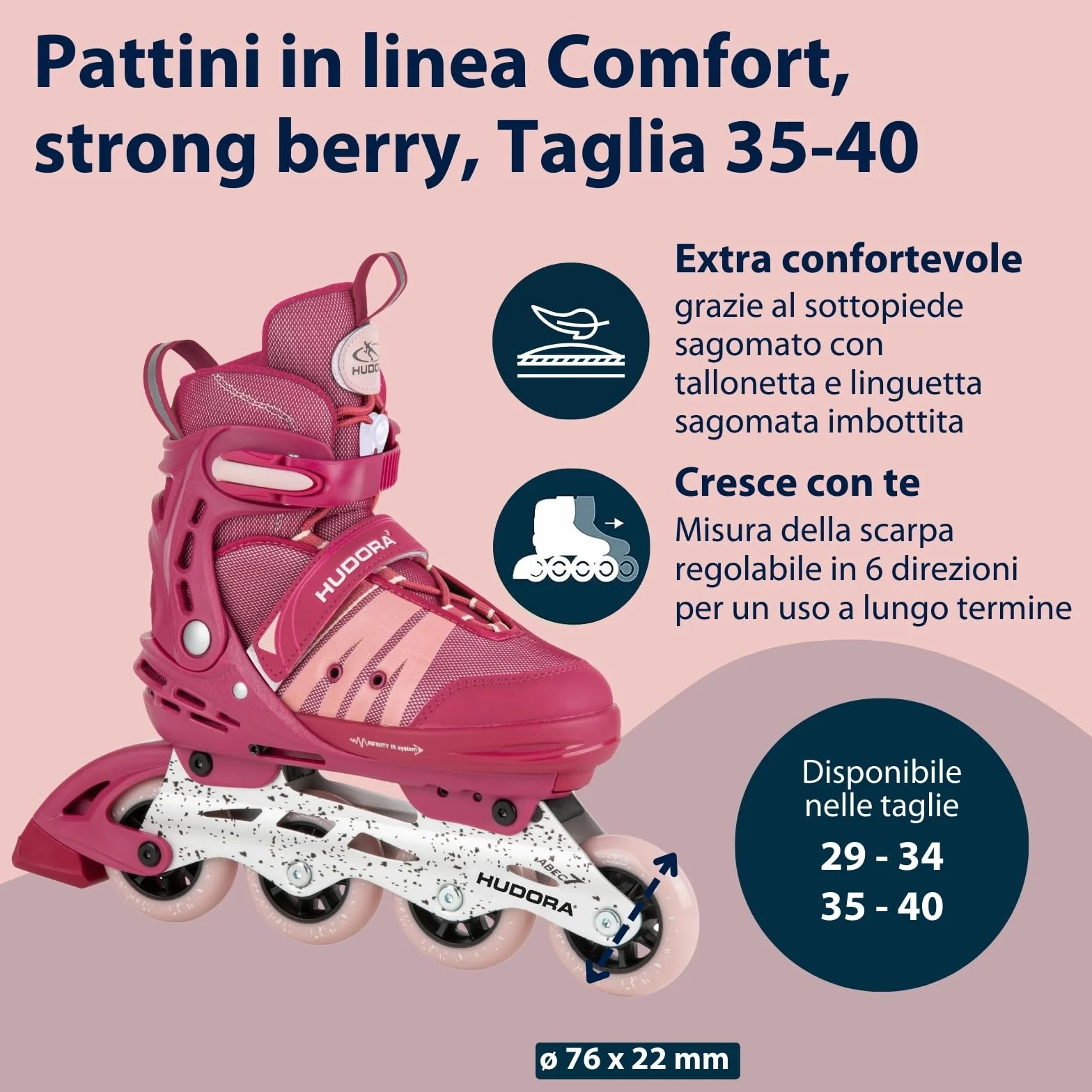 HUDORA Pattini in linea Comfort - Pattini a rotelle regolabili bambini ragazzi 6 misure larghezza lunghezza traspiranti