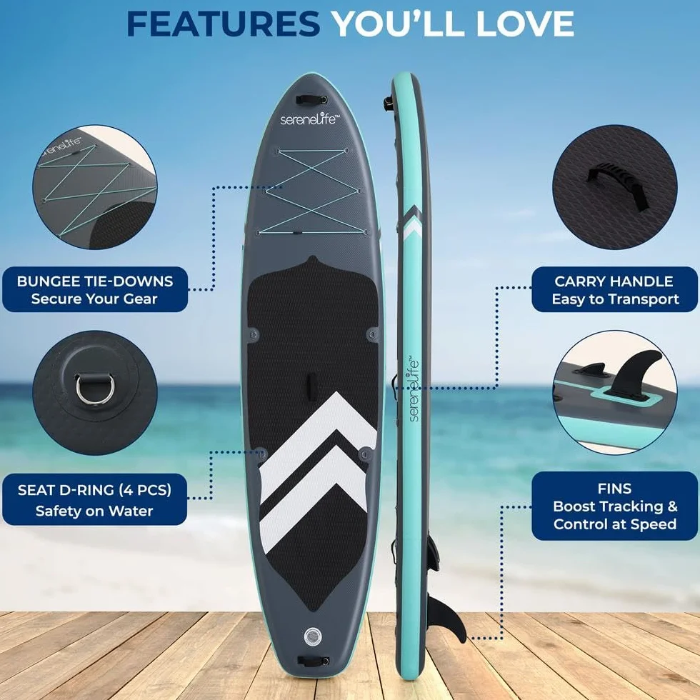 SereneLife SUP Gonfiabile XL, Tavola Sup Extra Larga per Adulti, Stand Up Paddle Board per Bambini e Animali, Deck Antiscivolo, Design Stabile e Leggero, Accessori Premium, Capacità 200 kg