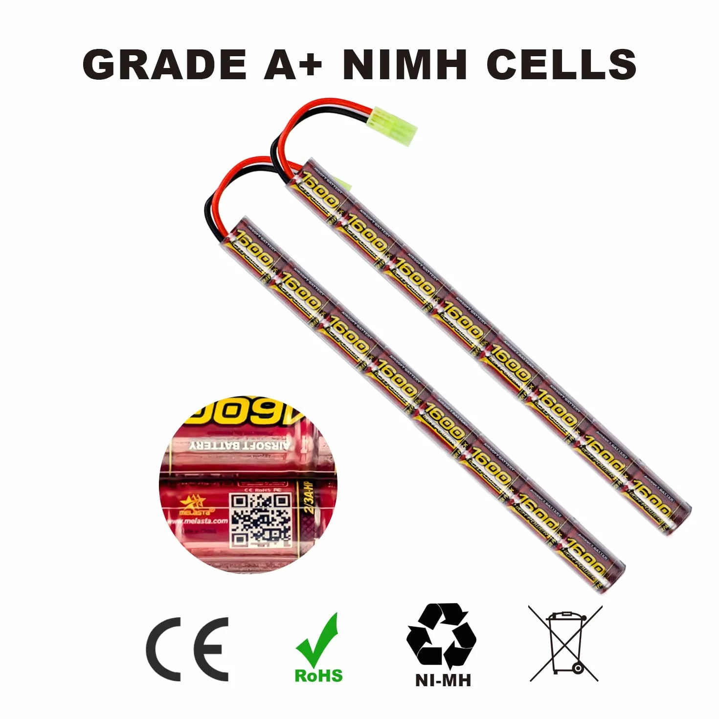 Melasta 9,6V 1600mAh Airsoft Batteria NiMH Butterfly Nunchuck con Mini Tamiya Connettore 2 PCS