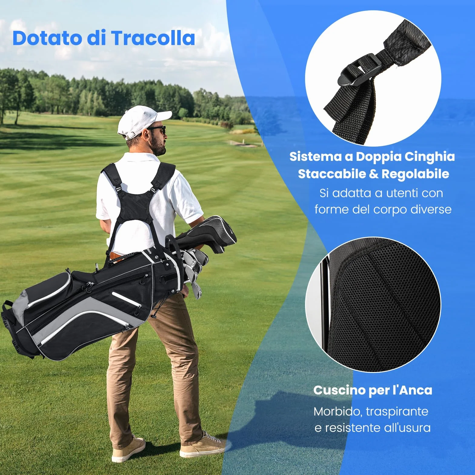 COSTWAY Borsa da Golf con Supporto, Divisori a 14 Vie, 6 Tasche, Borsa Frigo, Doppia Tracolla e Cappuccio Antipioggia