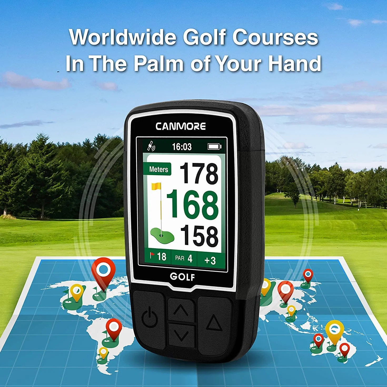 CANMORE HG200 GPS da golf portatile e borsa - Display a colori con oltre 41.000 dati sui campi - Resistente all'acqua - Arancione