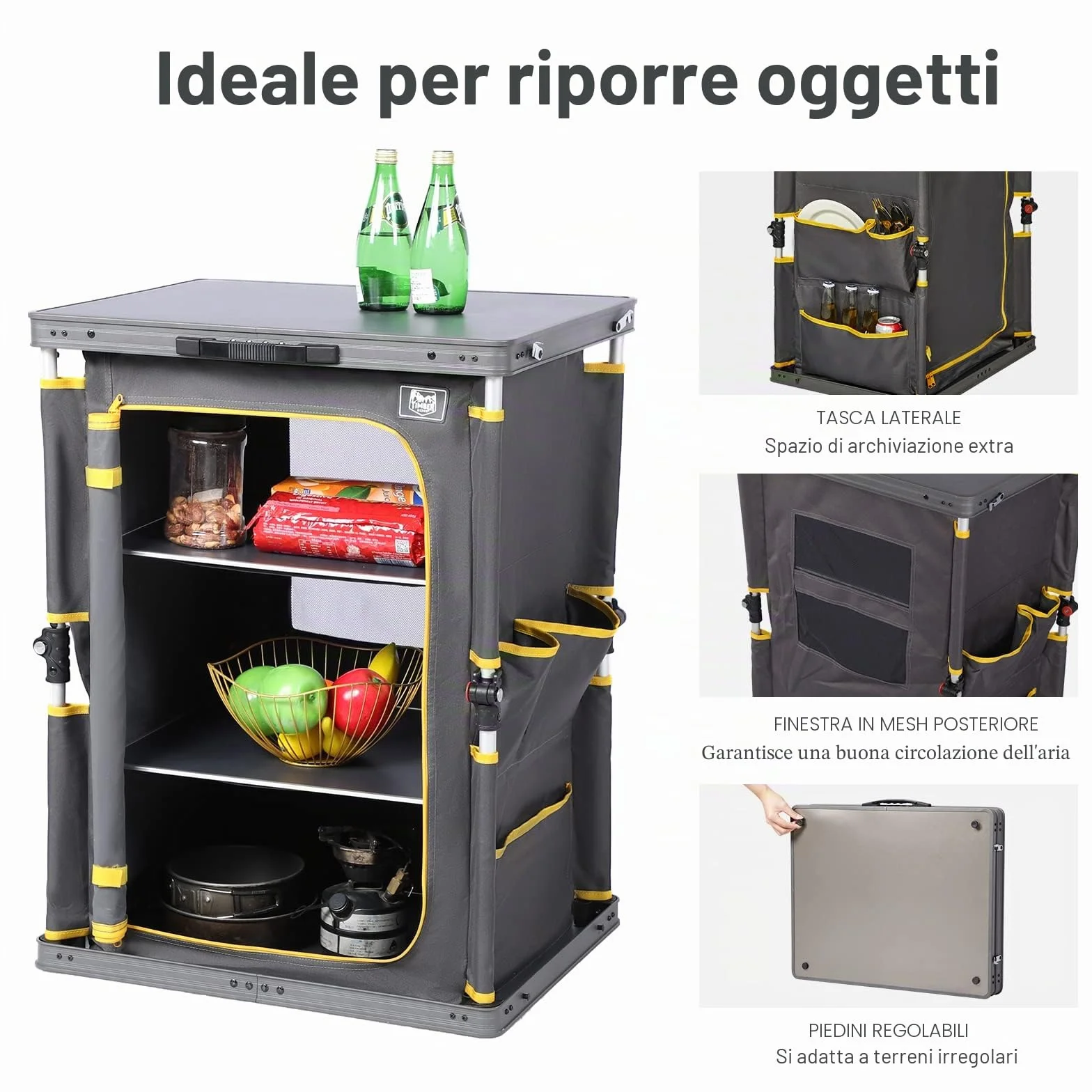 TIMBER RIDGE Armadietto da cucina pieghevole 30kg 3 ripiani portatile
