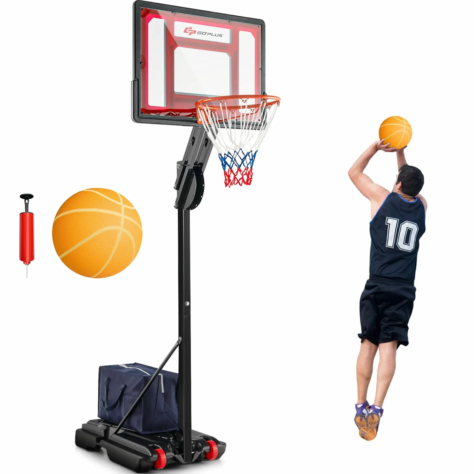 COSWAY Canestro da Basket Esterno Portatile Regolabile 10 Livelli Tabellone 82cm Base Riempibile 2 Ruote Borsa Pallone Pompa