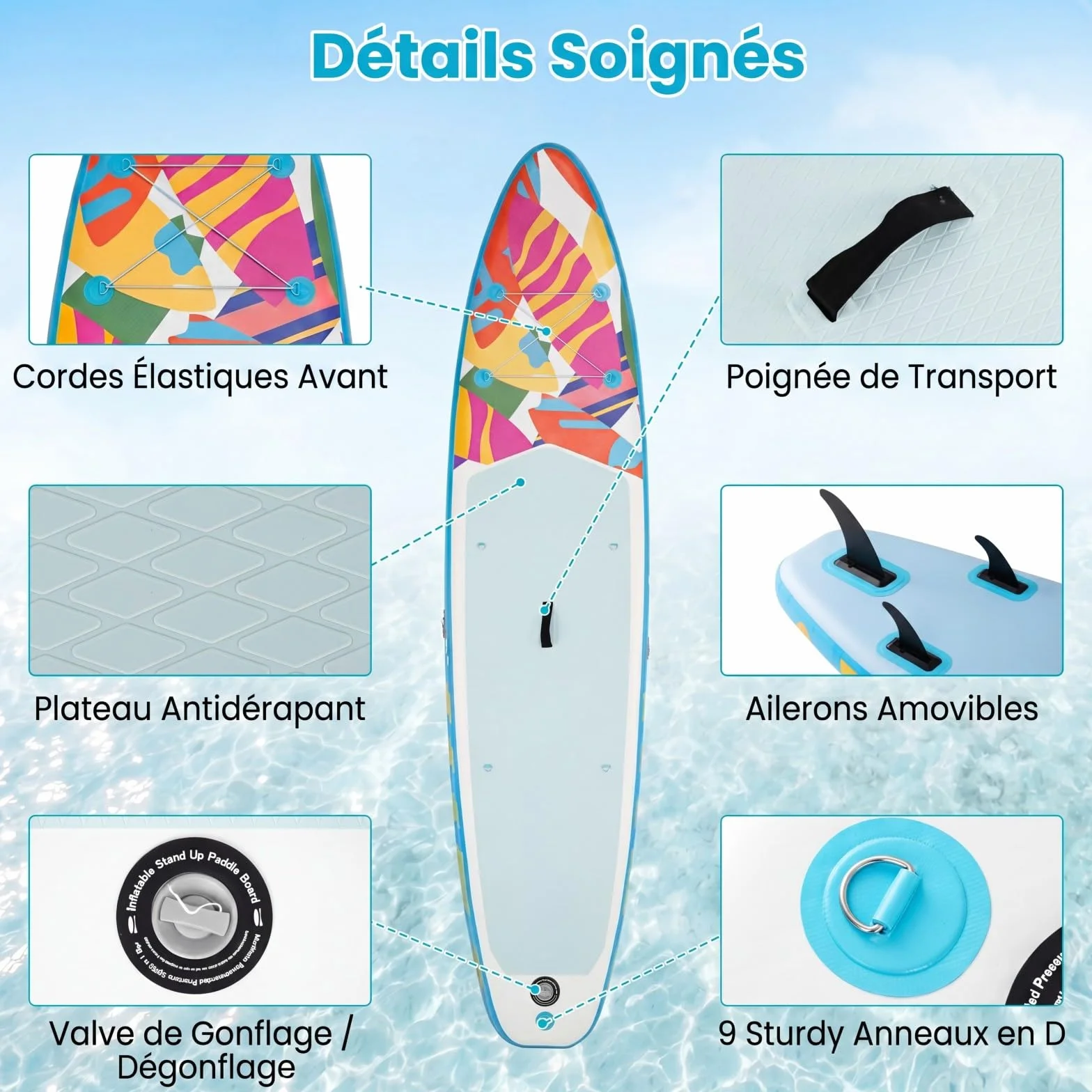HOMASIS Tavola da SUP Gonfiabile, Paddle Board con Pompa Manuale, 3 Pinne Rimovibili, 336 x 77 x 16 cm