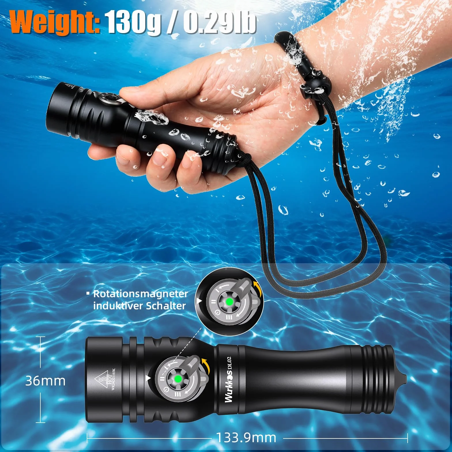 Wurkkos DL02 Torcia Subacquea Ricaricabile 3000 Lumen LED IPX8 Impermeabile - Nero