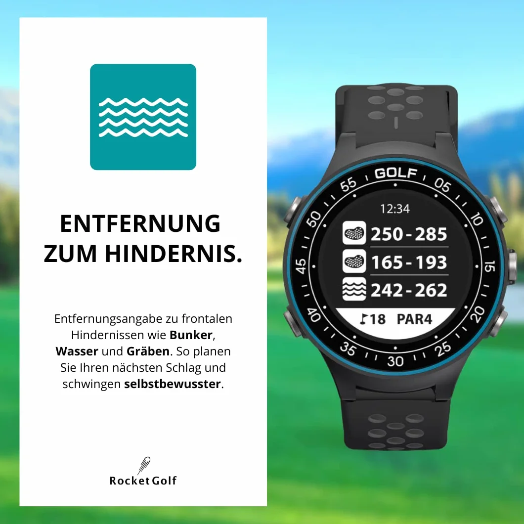 RocketGolf Golfuhr Par.4 telemetro GPS 38.000+ campi da golf funzione ostacolo contapassi aggiornamenti gratuiti
