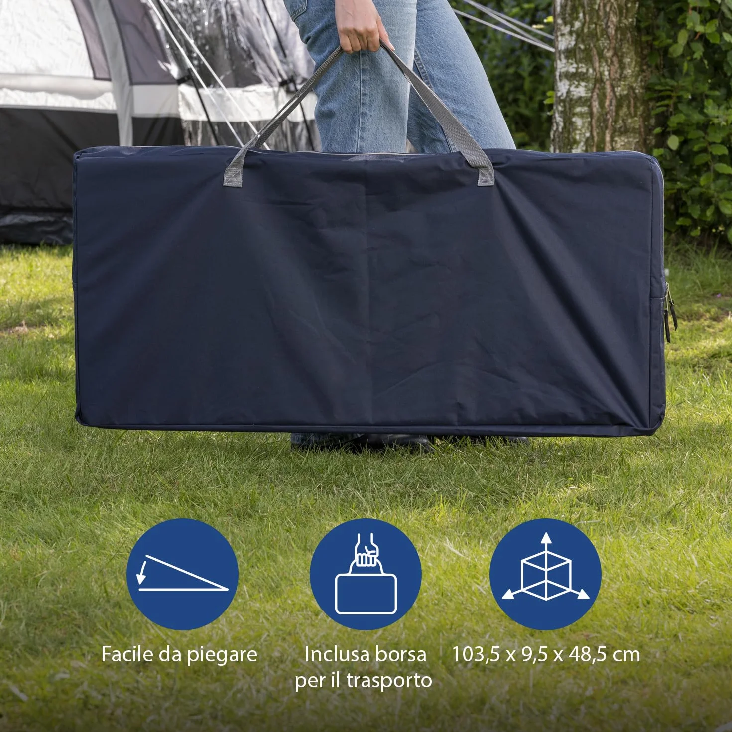 Campart Credenza da campeggio Bilbao 2 compartimenti 3 ripiani 4 tasche laterali piedi regolabili borsa da trasporto Blu