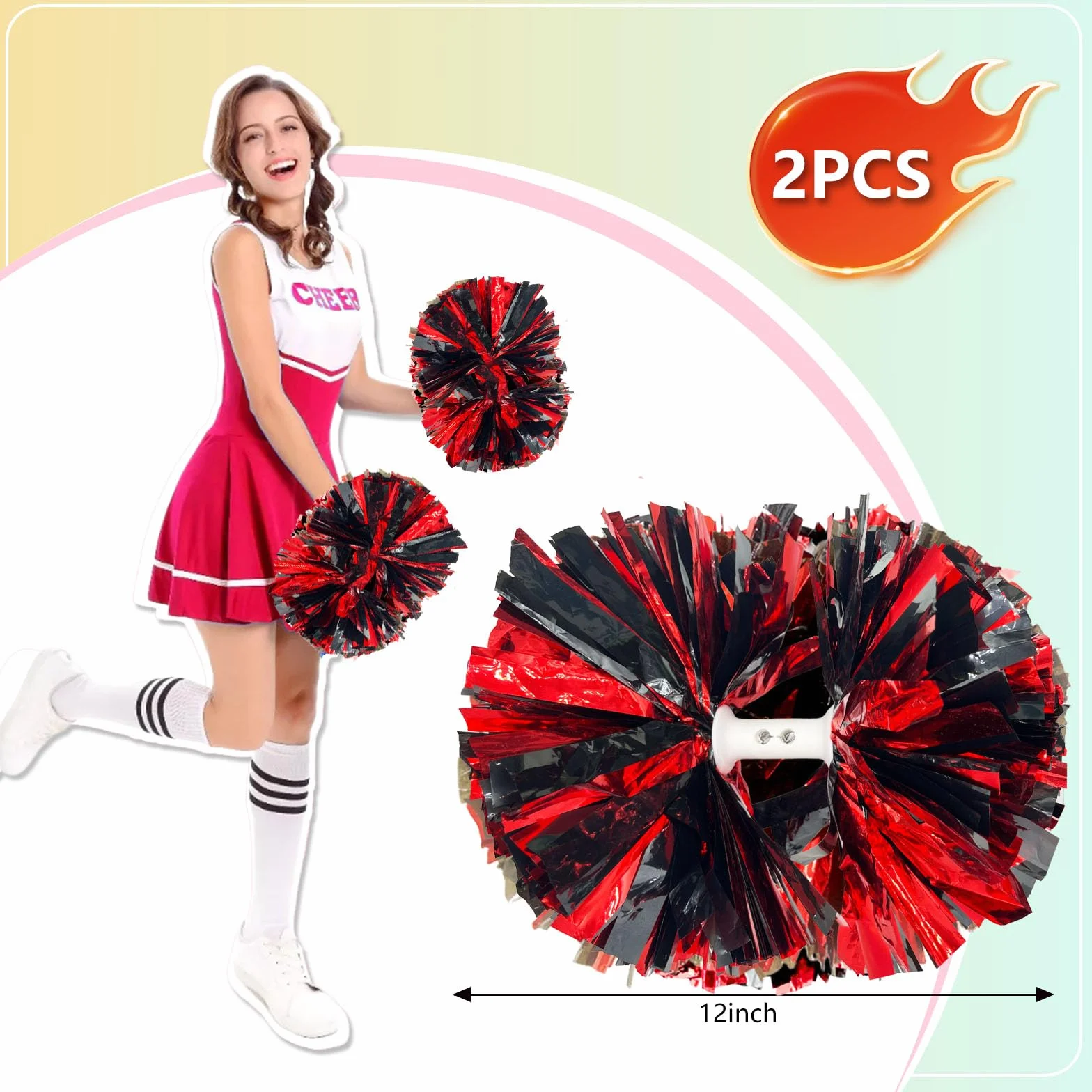 Pompon cheerleader neri e rossi 30,5 cm metallizzati con manico a bacchetta