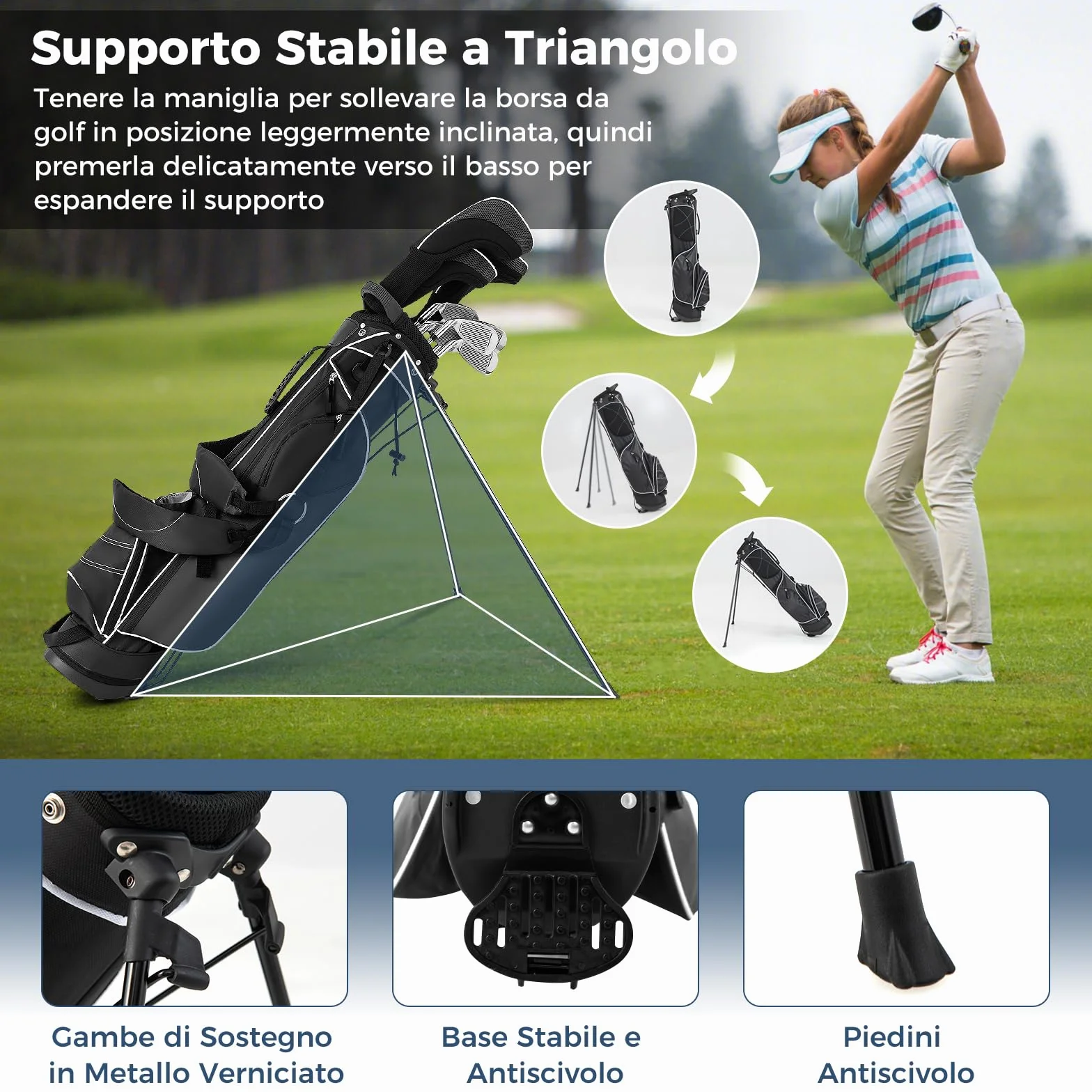 COSTWAY Sacca da Golf con Supporto, Borsa a 4 Scomparti con 4 Tasche, Borsa Frigo, Tracolla Doppia, Cappuccio Antipioggia