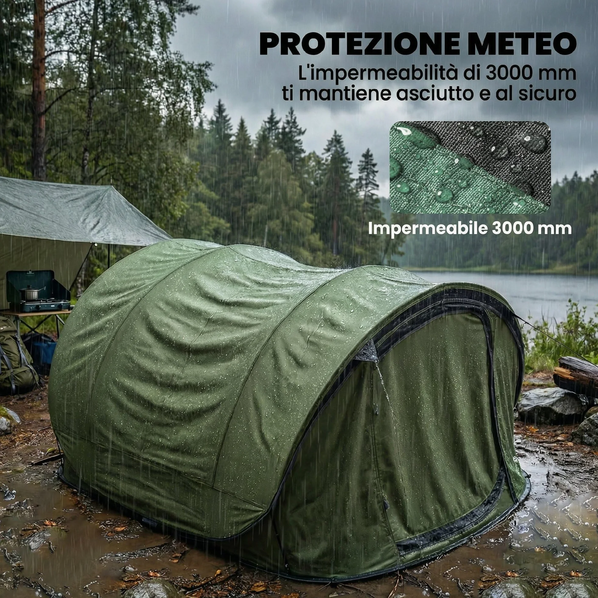 Outsunny Tenda da Campeggio Pop Up 4 Persone, Impermeabile 3000mm, con Borsa, Verde