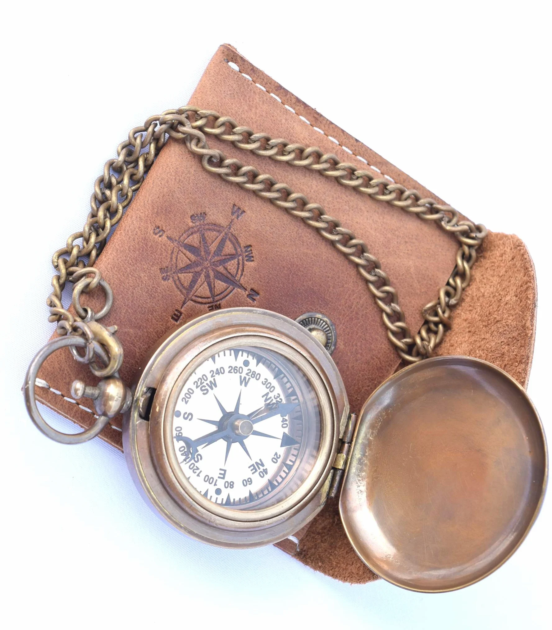 Bussola in Ottone Portatile con Catena e Custodia in Pelle