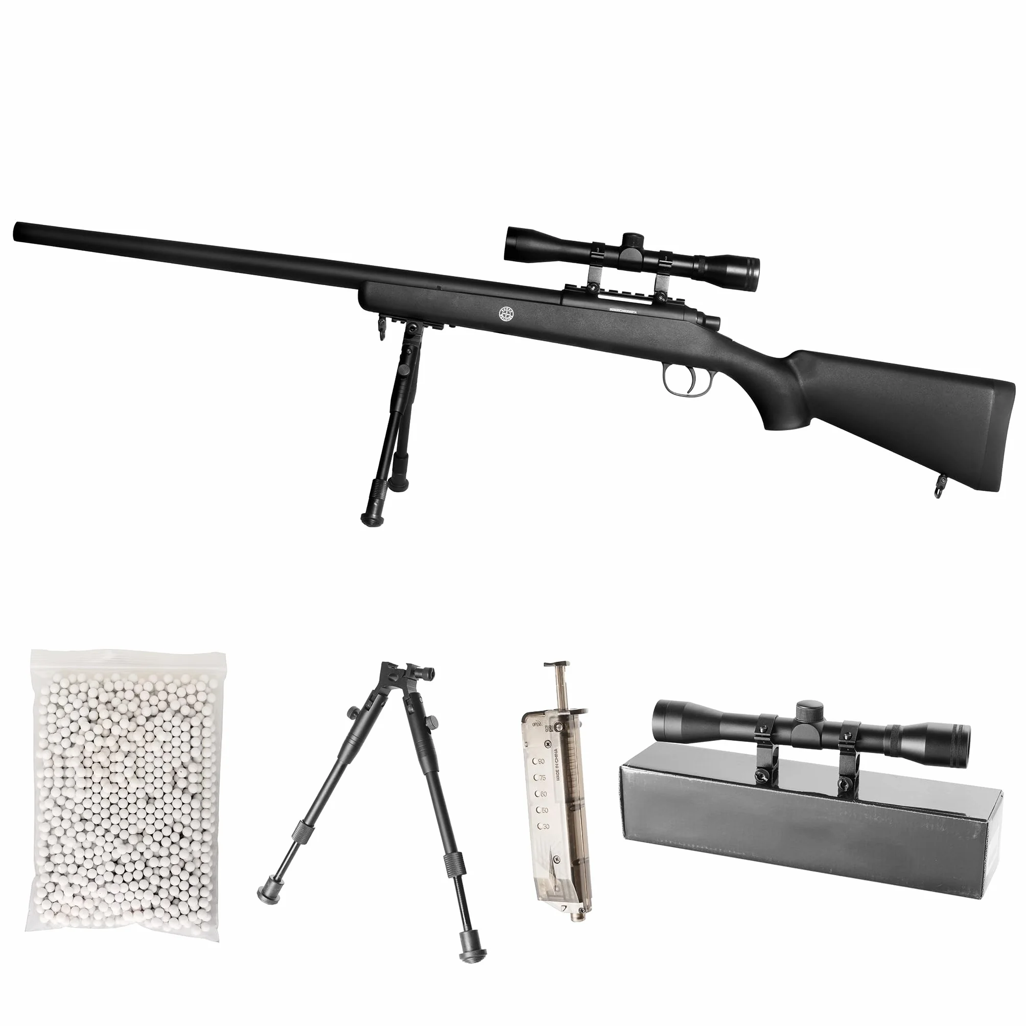 Fucile Sniper Softair M52 Bolt Action a Molla 0,9 Joule con Ottica Regolabile, Bipiede Metallico, 1000 Pallini 6mm