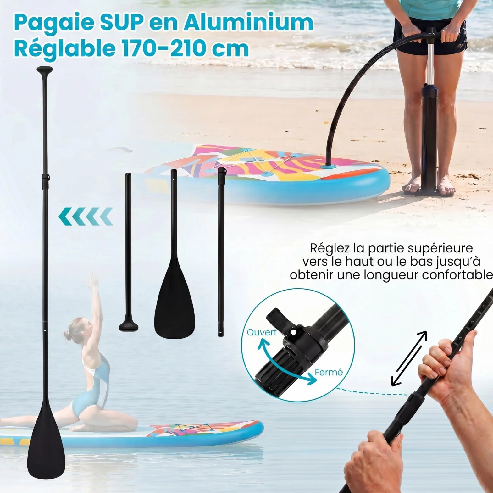 HOMASIS Tavola da SUP Gonfiabile, Paddle Board con Pompa Manuale, 3 Pinne Rimovibili, 336 x 77 x 16 cm