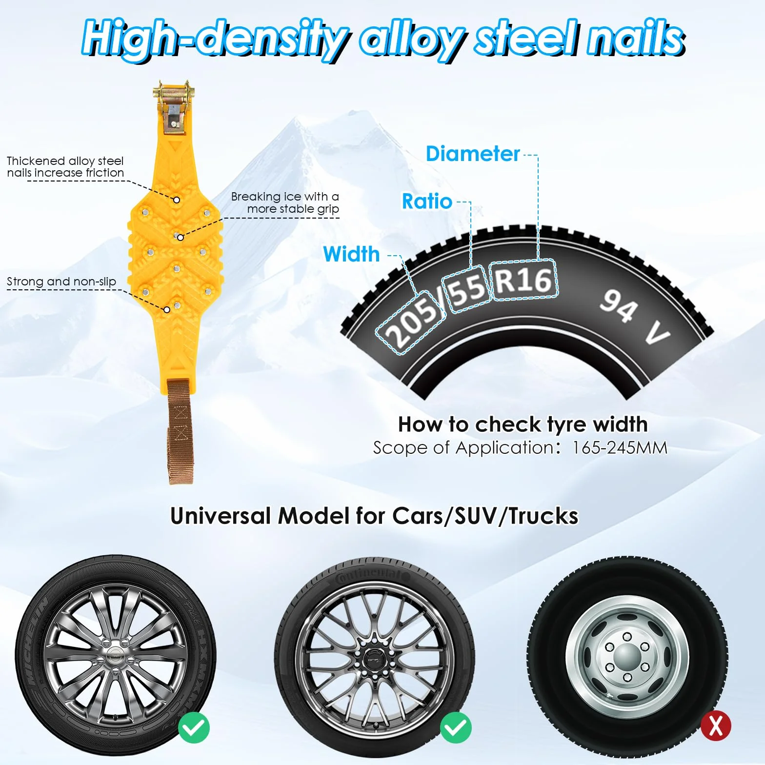 Catene da Neve Ninonly 8Pcz Universali Regolabili per Auto Camion SUV Pneumatici 165-245mm