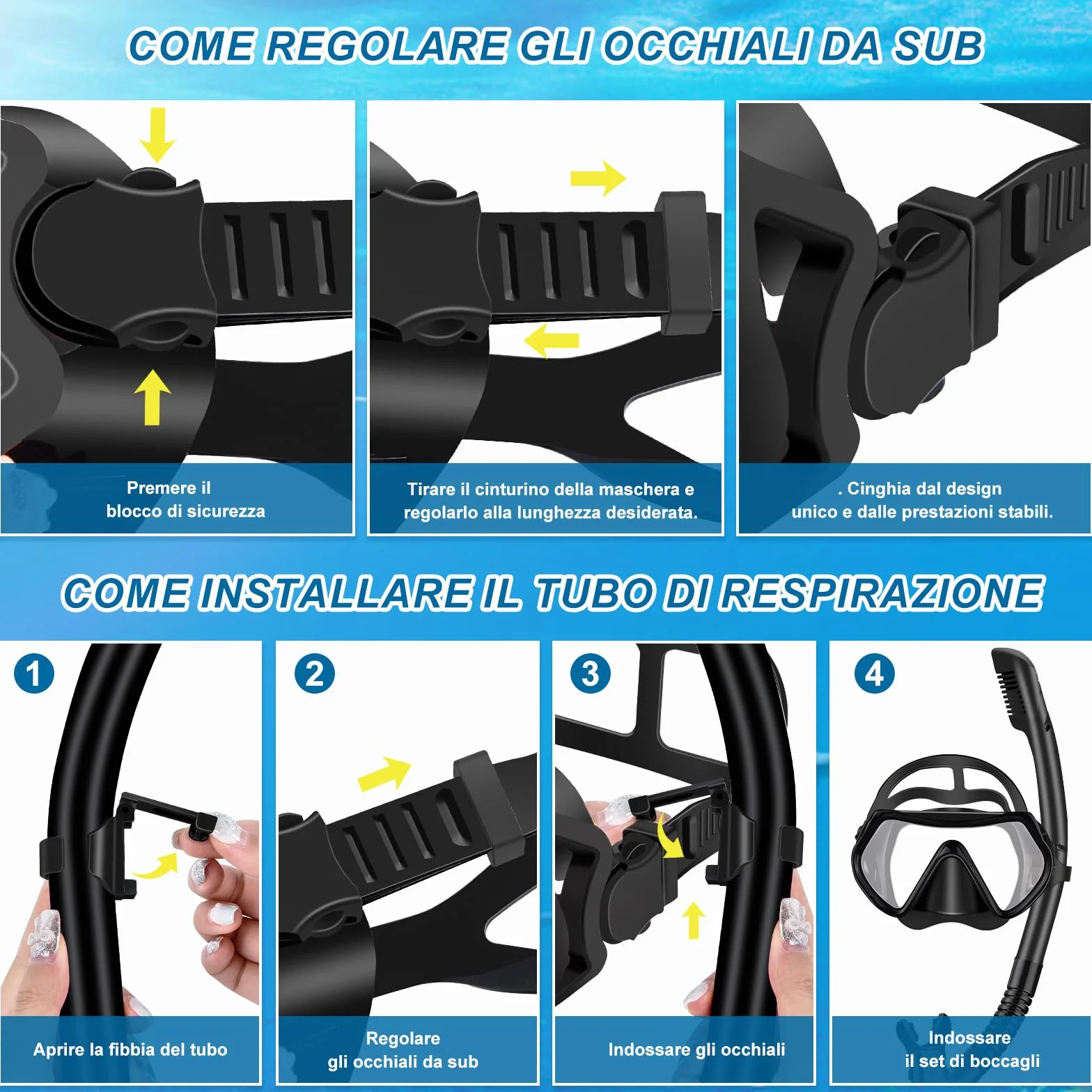 IEEILULU Set da Snorkeling per Adulti, Set di Boccaglio con Maschera Subacquea, Snorkel Semi Asciutto e Pinne Regolabili, Set da Immersione per Adulti Snorkeling Avventura Subacquea
