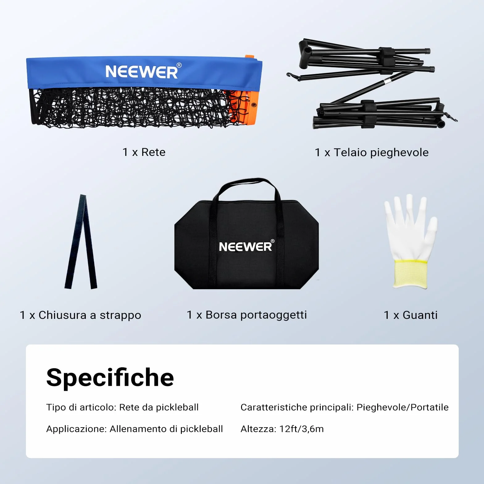 NEEWER Rete da Pickleball Larga 3,6m, Portatile Pieghevole per Vialetto, Accessori Allenamento Pickleball, PB02N