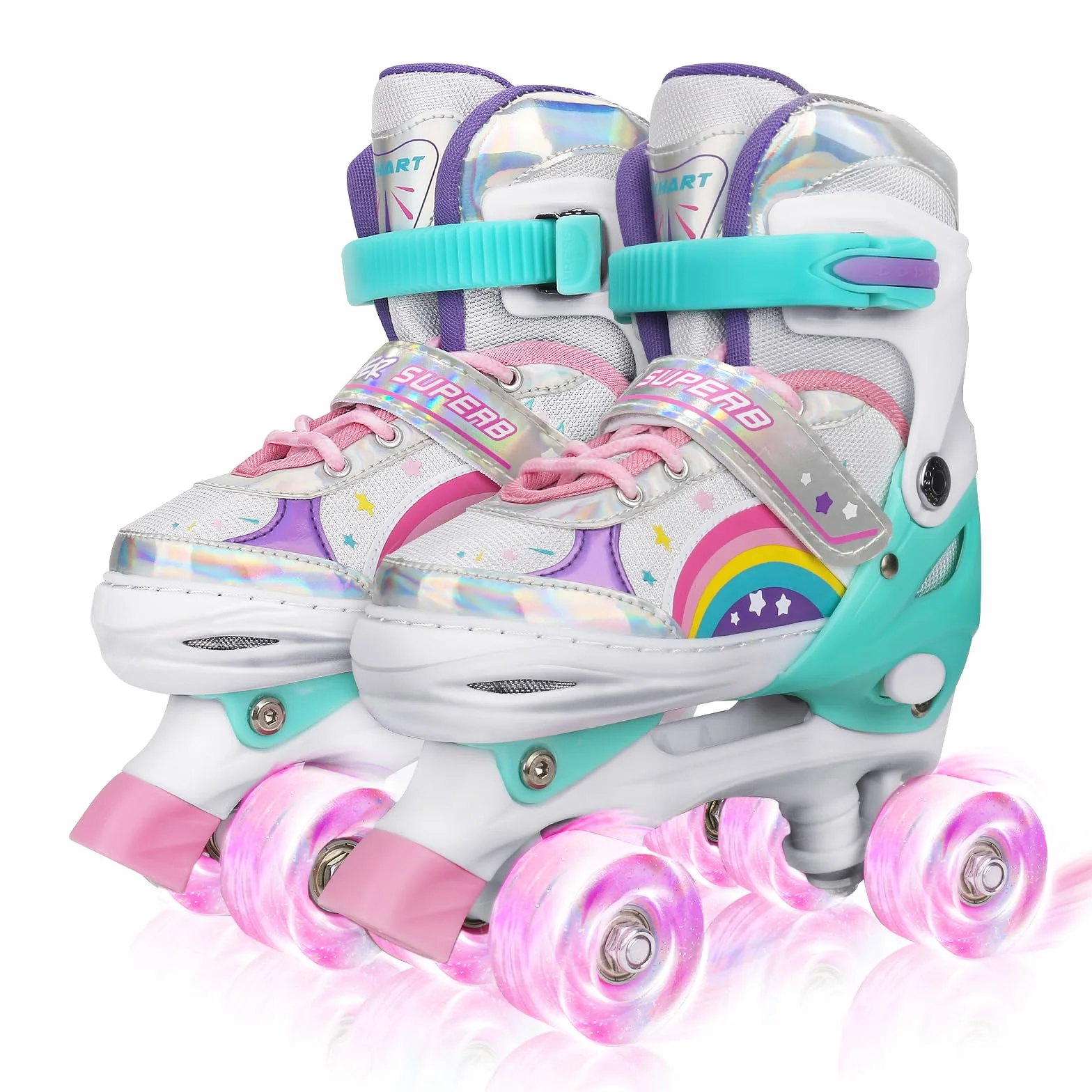 Pattini a Rotelle Bambina Regolabili 4 Misure, 8 Ruote Lampeggianti Arcobaleno S EU 27-31