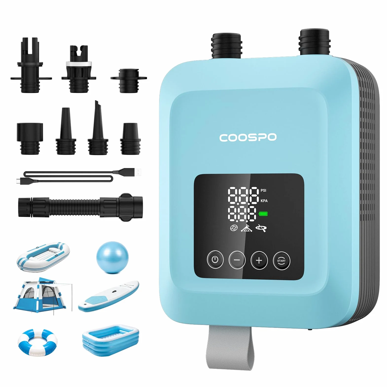 CooSpo Pompa elettrica verticale per SUP, gonfiaggio ad alta pressione a 20 psi, dotata di batteria ricaricabile da 59,2/44,4 Wh, silenziosa, adatta a kayak e altri articoli gonfiabili