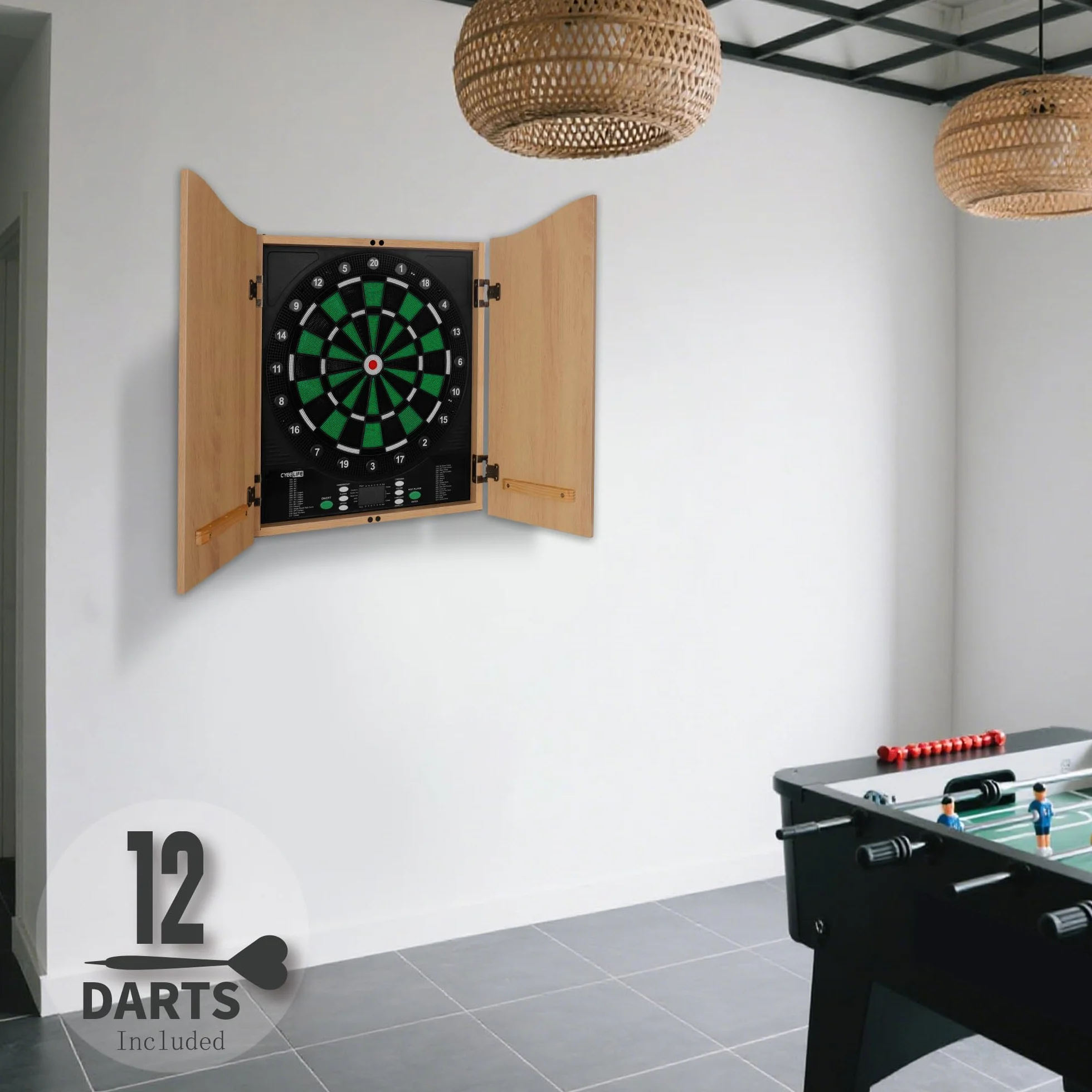 CyeeLife Bersaglio Elettronico per Freccette con Antine, Tavolo da Freccette con Computer, 12 Freccette Soft, 34 Giochi & 355 Varianti, 8 Giocatori